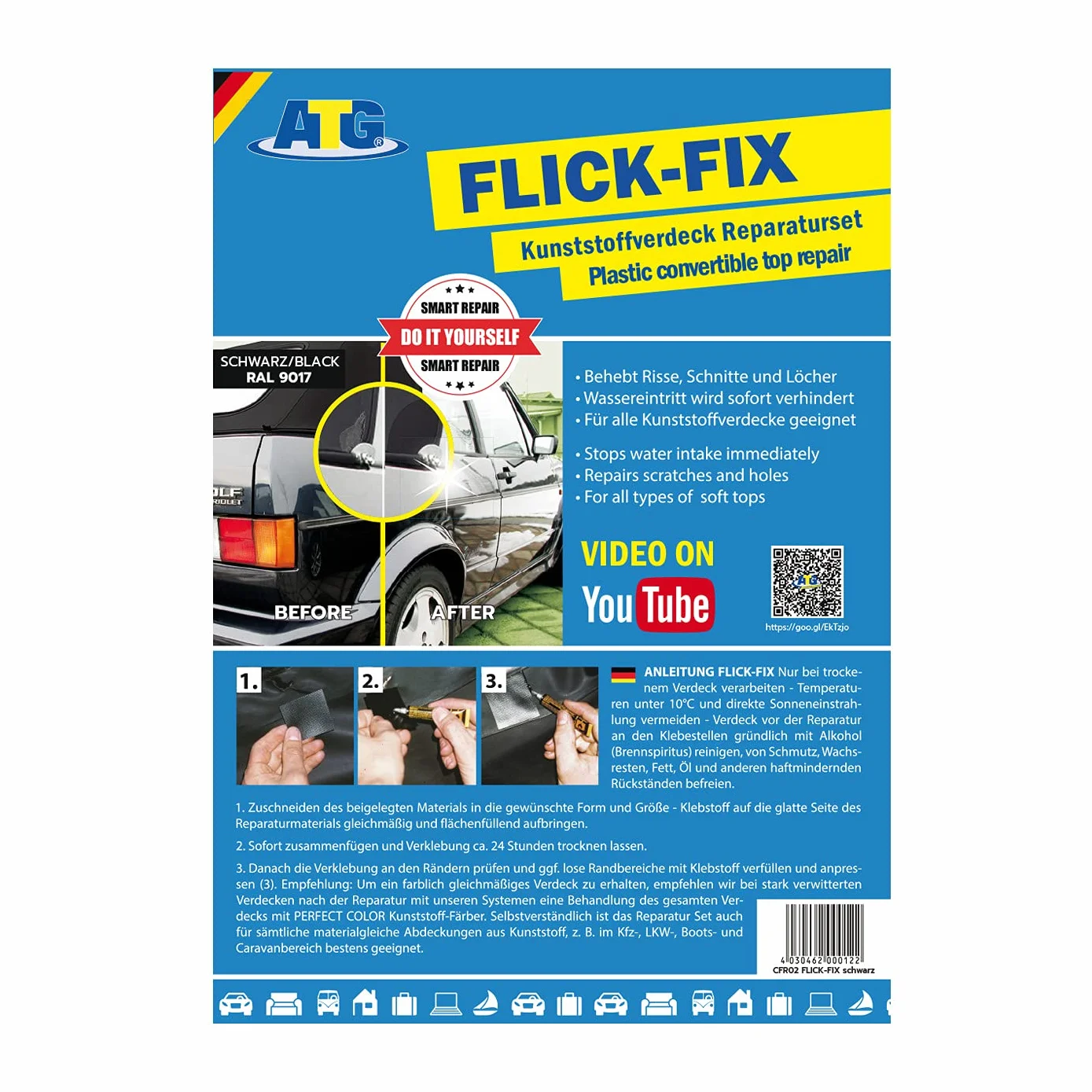 ATG Flick Fix Kit de réparation de bâches de piscine plastique noir, adhésif sous-marin pour fissures, coupures et trous