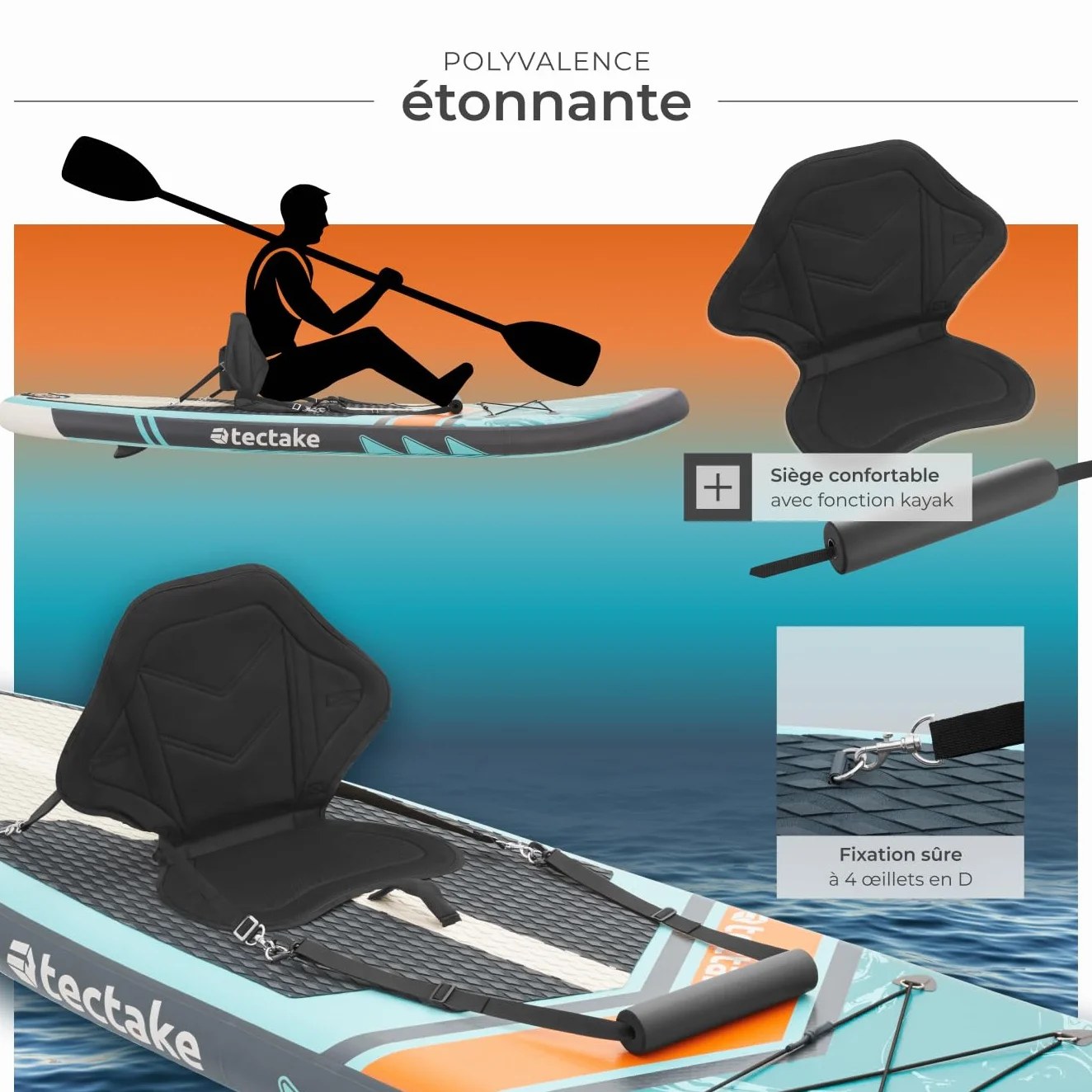tectake® Planche de Stand-up Paddle Gonflable Adulte 2-en-1, Utilisable comme Kayak, Siege Paddle détachable, Pompe, 3 Ailerons, sac à dos, Pagaie double, Pagaie simple, Accessoires, Charge Max. 200kg