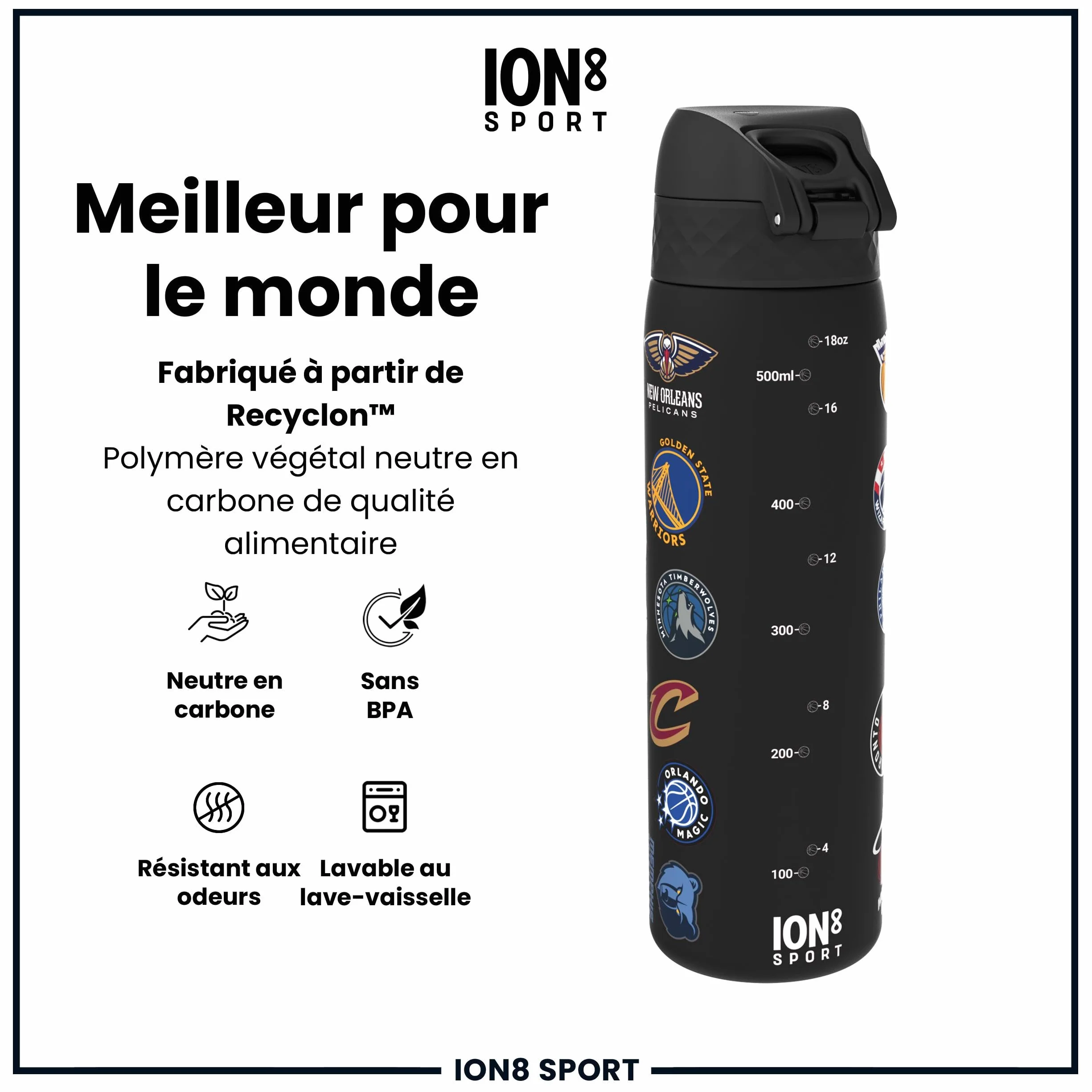 Ion8 NBA Équipes Multiples Gourde, 500ml, Anti-Fuite, Facile à Ouvrir, Verrouillage Sécurisé, Lavable en Lave-vaisselle, Sans BPA, Poignée de Transport, S'adapte aux Porte-gobelets, Facile à Nettoyer