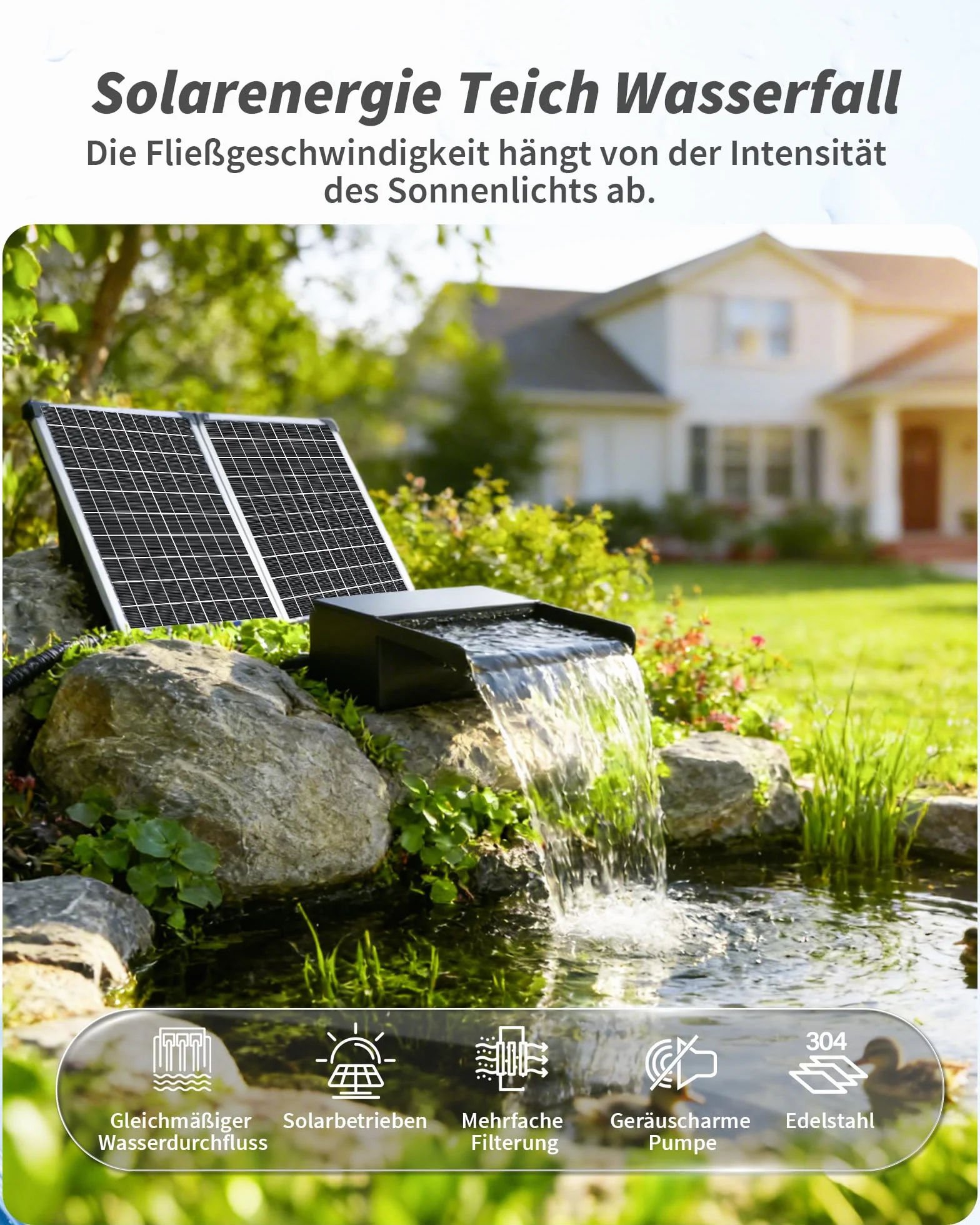 POPOSOAP Cascade d'Étang Solaire 55W, Acier Inoxydable 20 cm, Pompe 2000 L/h, Tuyau 3 m
