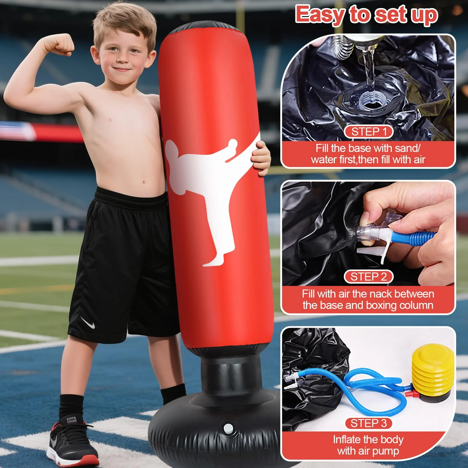 Sac de Frappe Enfant, 160cm Sac de Boxe avec Gants et Pompe, Gonflable Punching Ball Enfants pour Taekwondo Karaté, 3-12 Ans Cadeaux pour GarçOns et Filles Set de Boxe pour Bureau,Gym