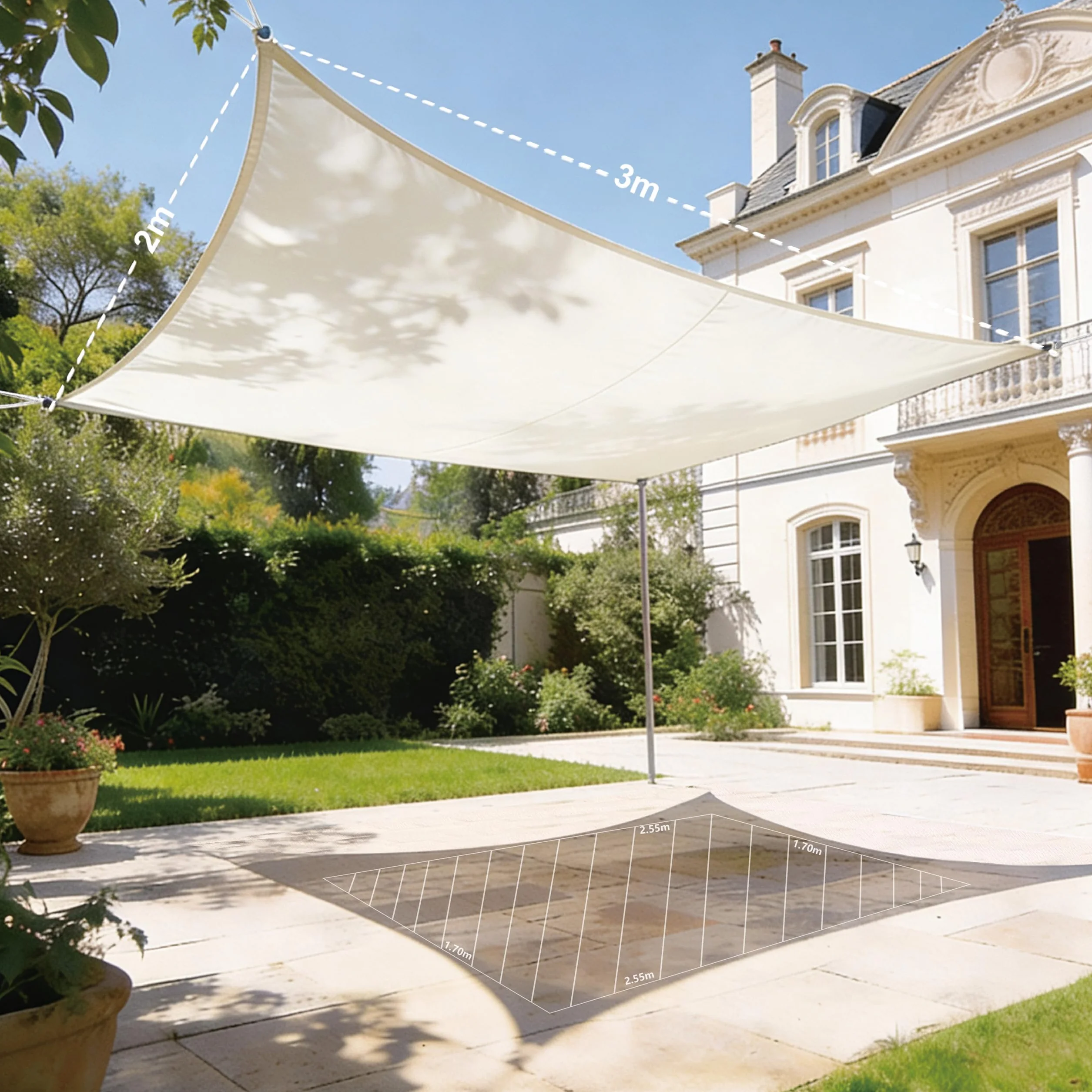 HAIKUS Voile d'ombrage imperméable rectangulaire 2x3m, Toile PES résistant à l'eau, Protection UV 98%, Crème
