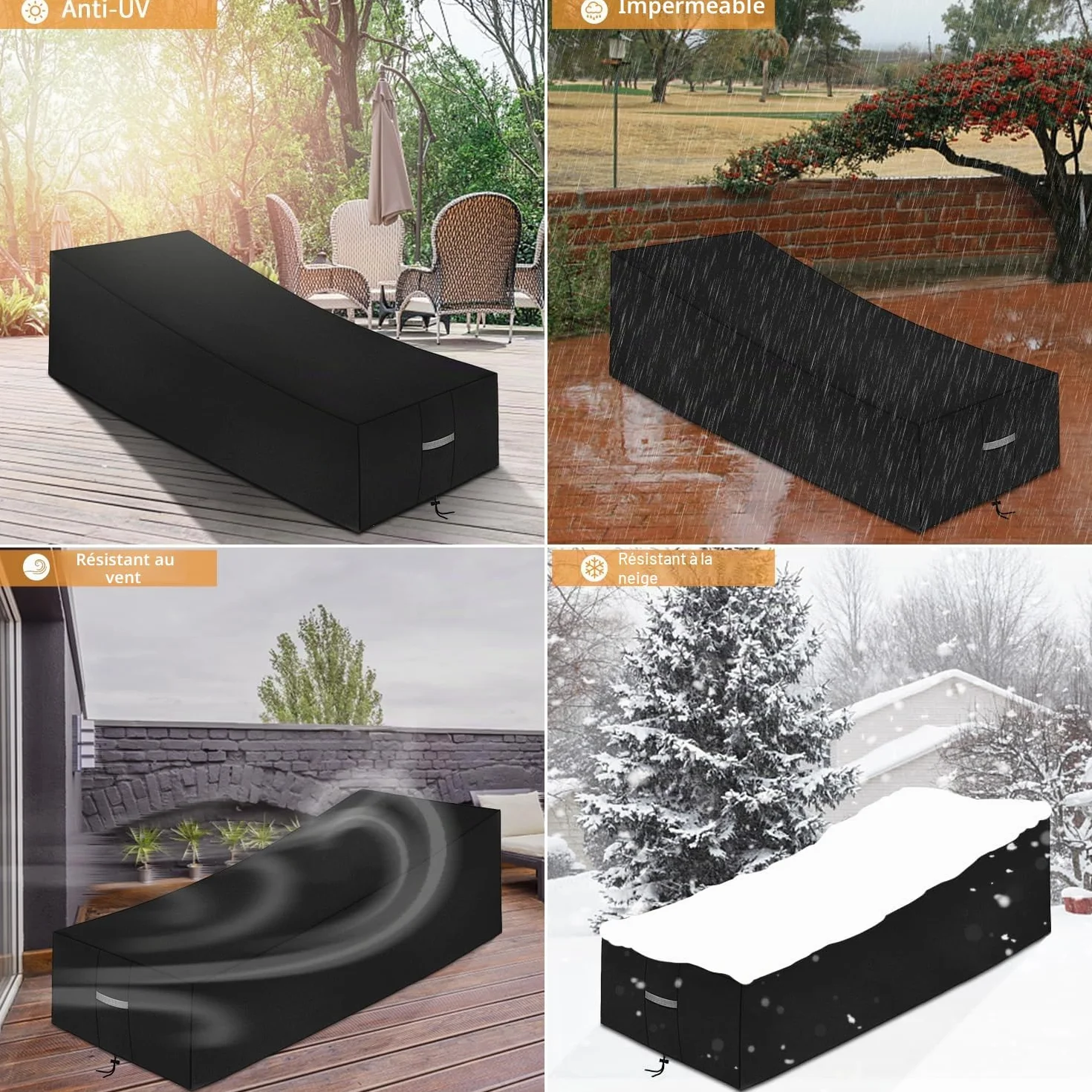 Housse Chaise Longue Jardin Imperméable 420D Oxford Anti-UV Extérieur 200x75x40/70cm Noir