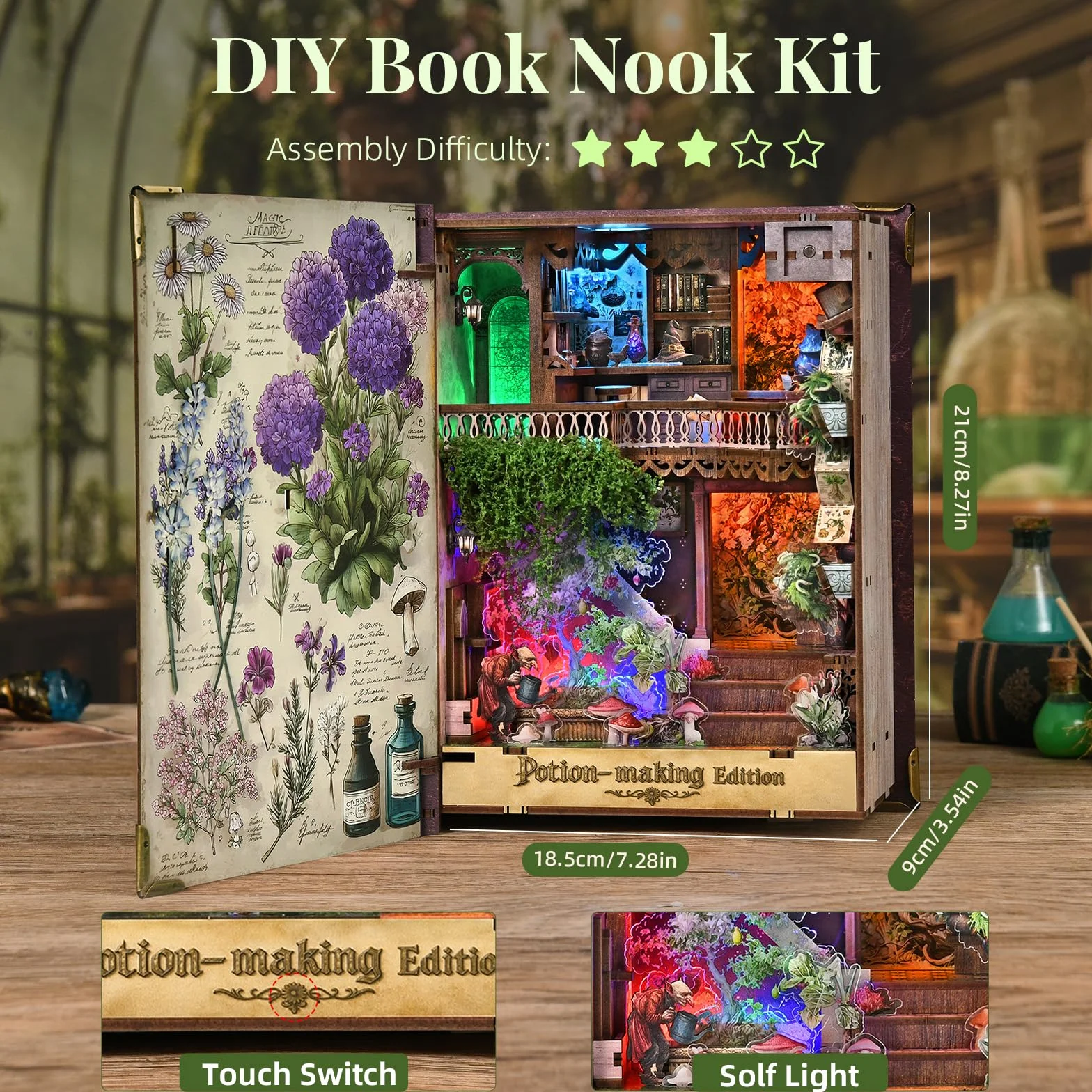 MiniCity Kit Book Nook Puzzle miniature en bois avec lumières LED 3D Maison de poupée Serre-livres Cadeaux créatifs édition Potion-Making