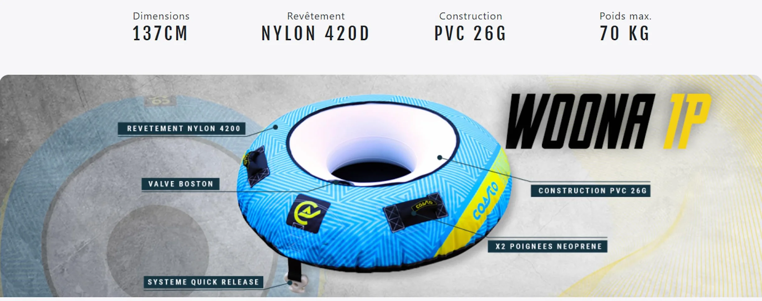 Coasto - Bouée Tractée WOONA 1 Place PB-CBWOONA1 - pour 1 Personne - Gonflable et Tractable - Charge Maximale 70 kg - Forme Donut - Revêtement Résistant - Sac de Rangement Inclus - 137 cm