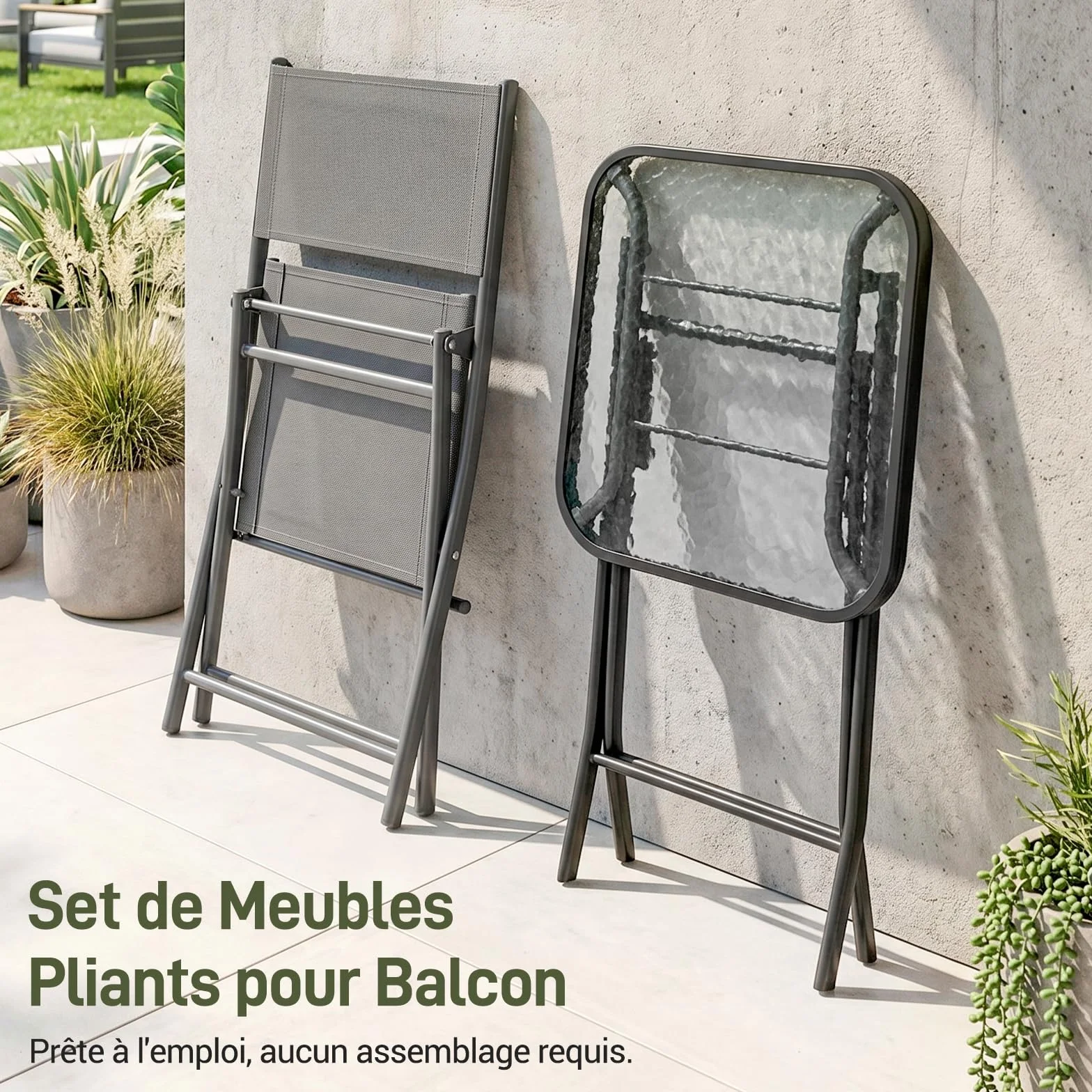 LIFERUN Ensemble Bistrot de Jardin 3 Pièces Pliantes, Table et 2 Chaises, Tissu Textilène, Gris