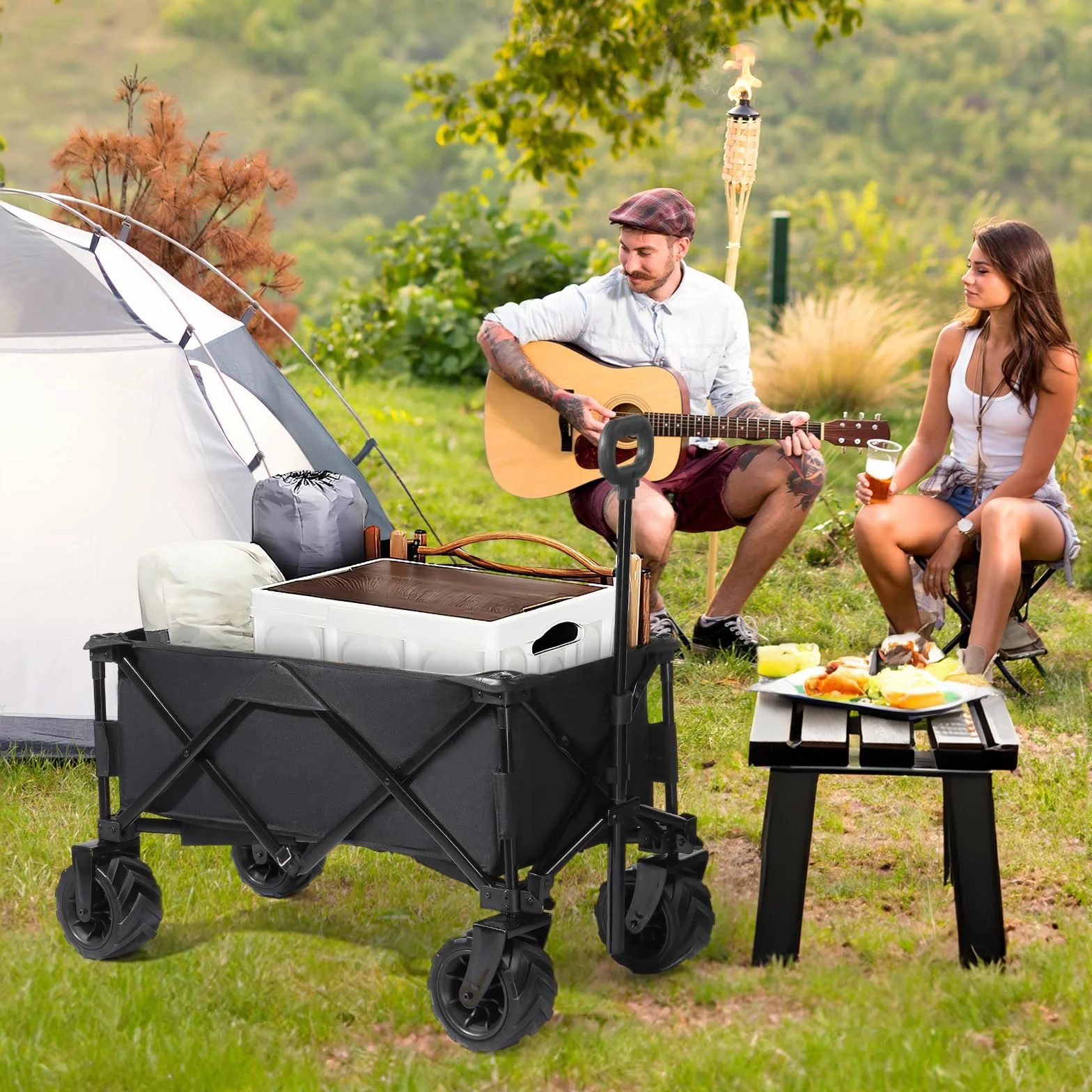 LEADZM Chariot de Plage Pliable Tout Terrain 91kg 107x54x91 cm Noir