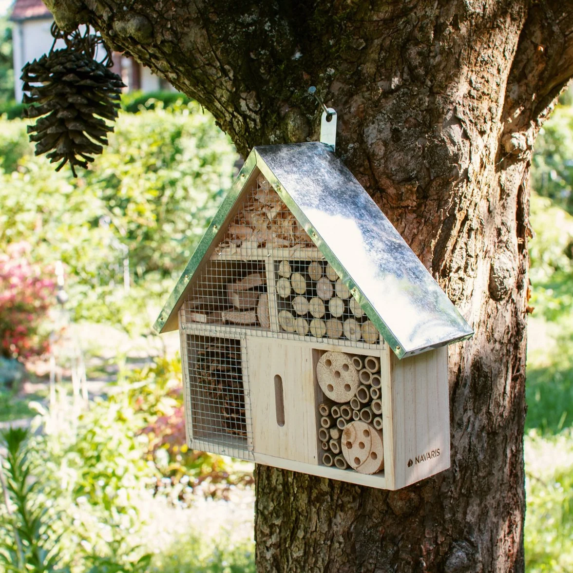 Navaris Hôtel Insecte en Bois Cabane abri Taille M 28 x 24,5 x 7,5 cm Maisonnette Refuge Abeille Coccinelle Papillon