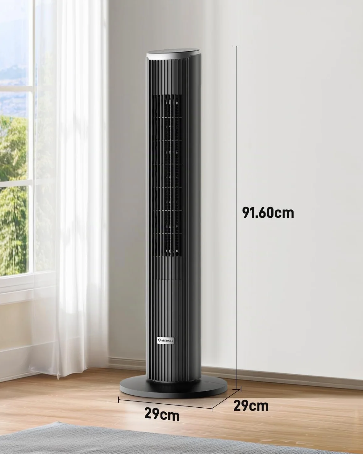 Ateroll Ventilateur Colonne Silencieux 91cm Oscillant 90° Télécommande 4 Vitesses 3 Modes Minuterie 12H Écran LED