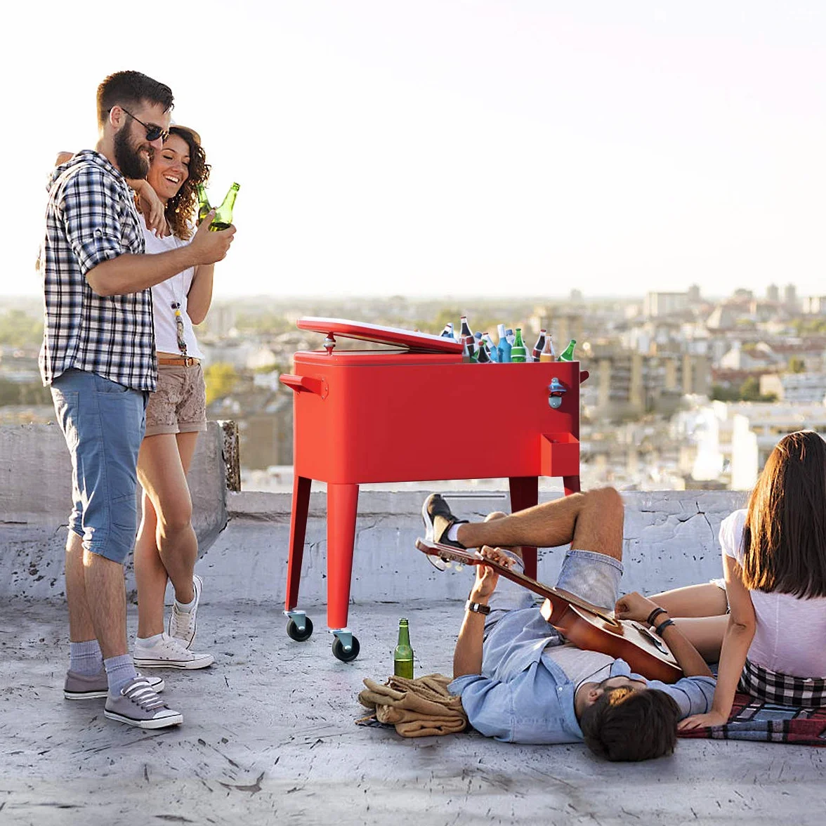 GOPLUS Chariot de Glacière 76 L sur roulettes, Desserte Jardin 4 Roulettes, pour Terrasse, Pique-Nique, 91x48x87cm Rouge