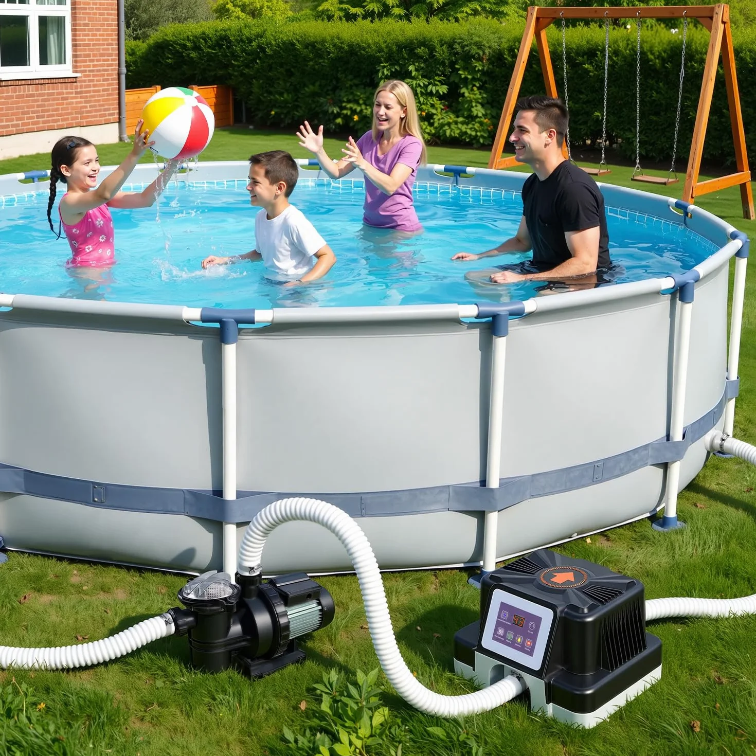 Chauffage de piscine électrique 3 kW, protection FI, anti-basculement, affichage numérique, étanche, pour piscines hors sol 3 m³, raccord 32-38 mm