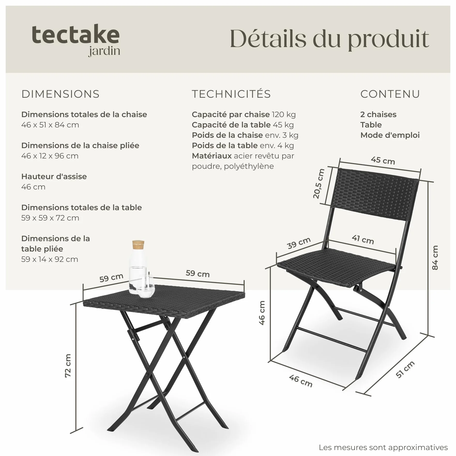 Tectake Salon de Jardin Poly Rotin Pliant pour 2 Personnes - Ensemble Chaise et Table