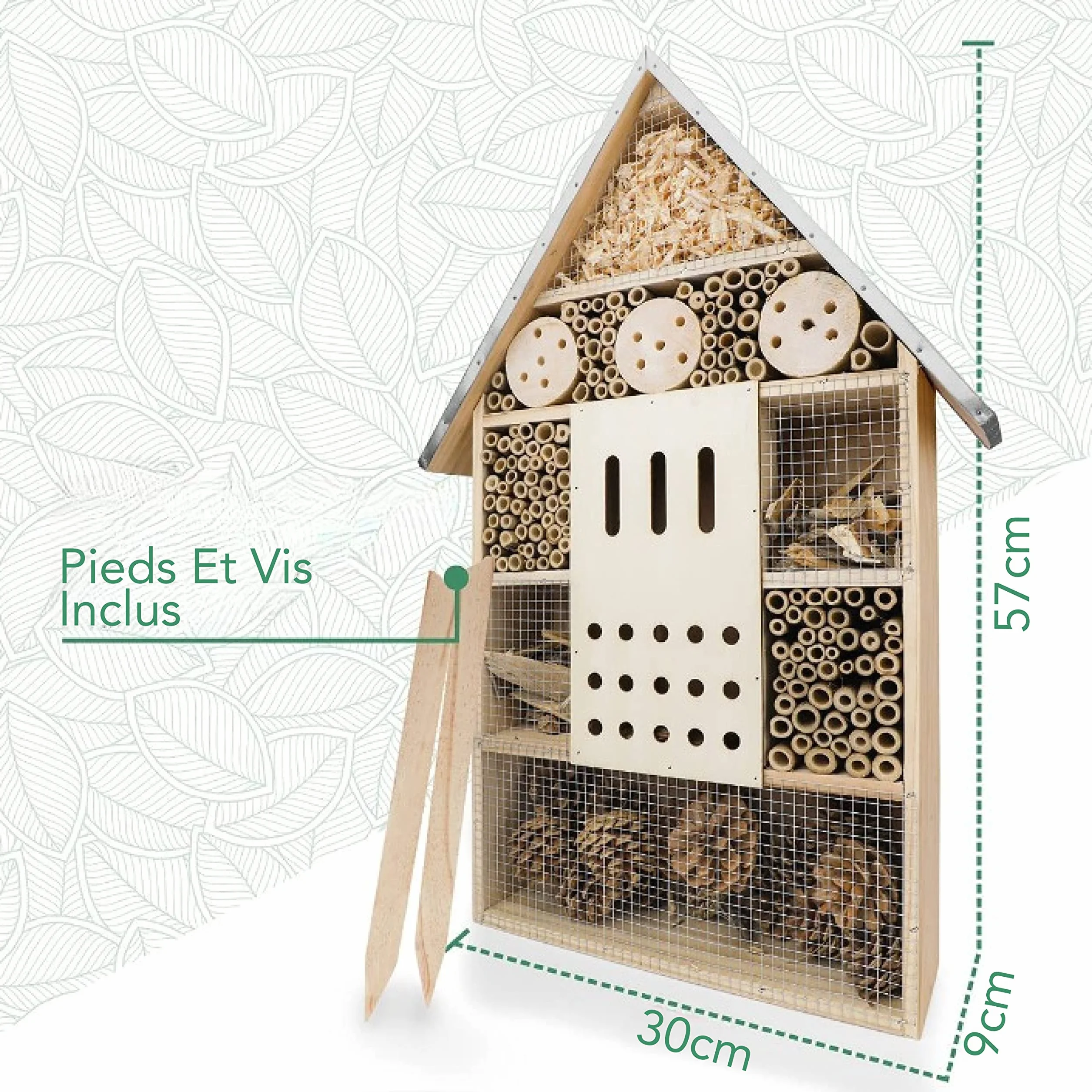 Hôtel pour Insectes XXL Debout 76cm Toit Métallique Grand Non Traité Maison pour Abeilles Papillons