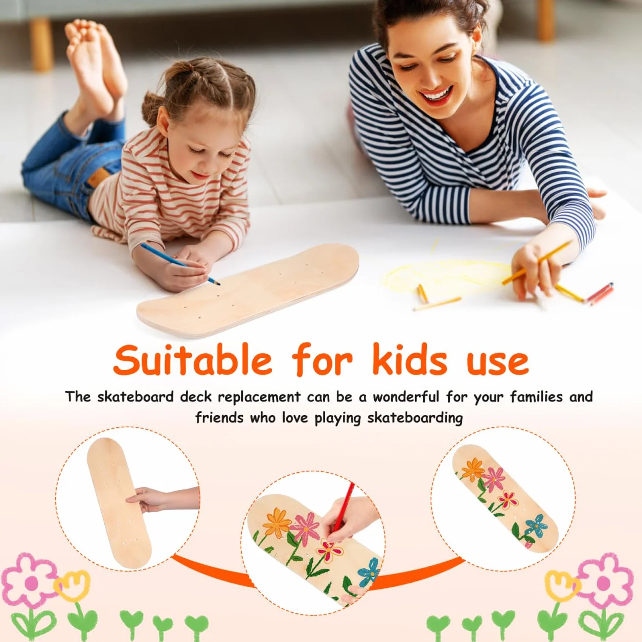 Toyvian Planche de Skate Vierge, Skate Bois d'Érable 7 Couches Plateau de Skateboard DIY avec Trous Pré-PerçéS pour Peinture Graffiti Loisirs Créatifs Enfant Décoration Murale Activité Manuelle, 43cm
