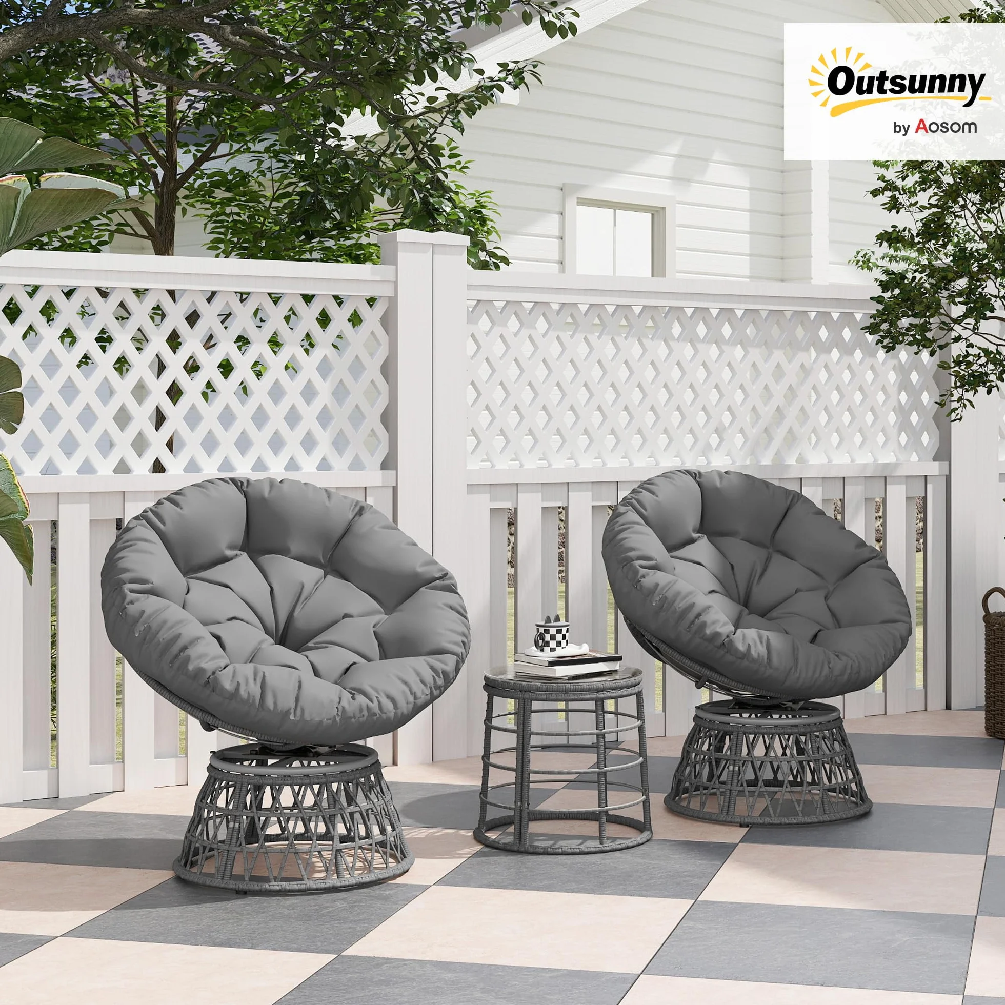 Outsunny Ensemble Salon de Jardin 3 pièces avec Fauteuils Papasan Pivotant et Table Basse Ronde Gris Résine Tressée