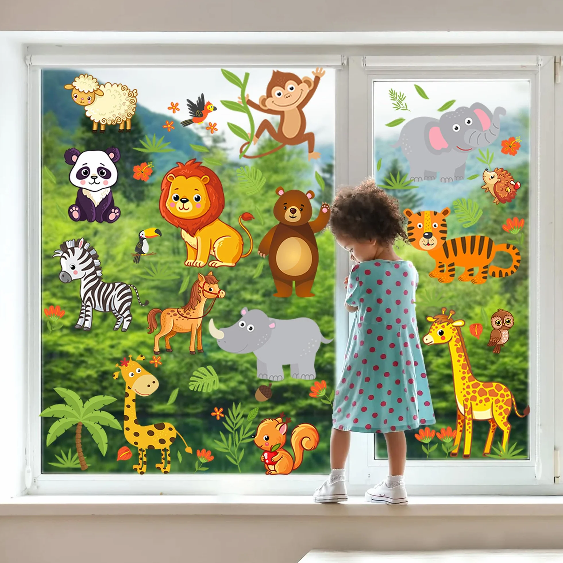 Moxled Autocollants Fenêtre Forêt Animaux Réutilisables Décoration Enfant