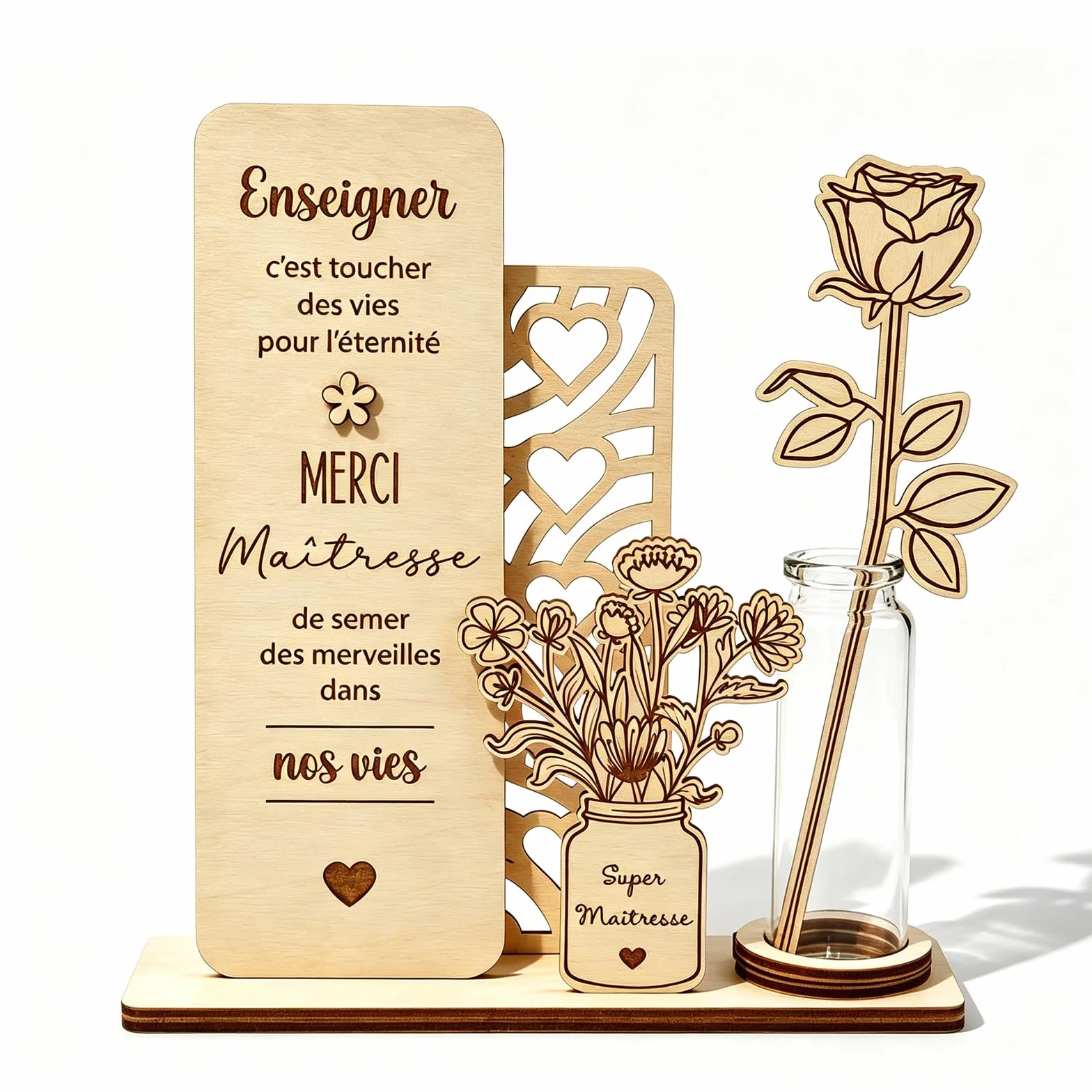 Plaque Décorative En Bois Avec Vase Et Rose Cadeau Maitresse D'École Original Souvenir Merci Maitresse Bureau Classe