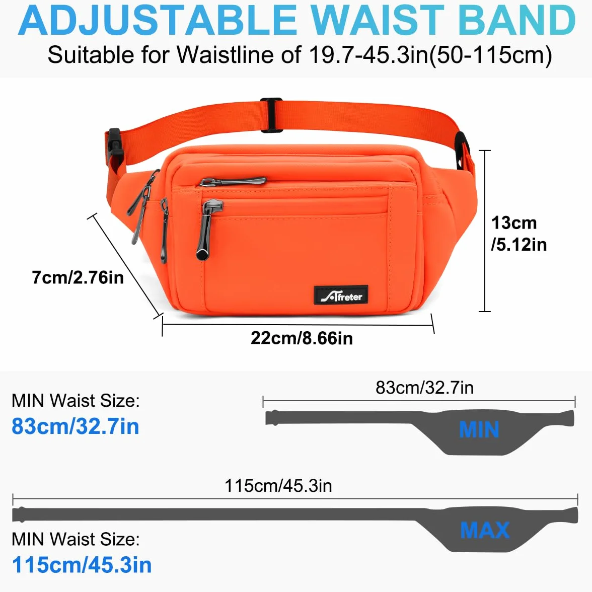 REETEE Sac Banane Homme Imperméable Sacoche Banane avec 5 Poches et Sangle Réglable, Grande Capacité Sac Banane pour Homme Femme Voyage Randonnée Pochette Ceinture (A-Orange)