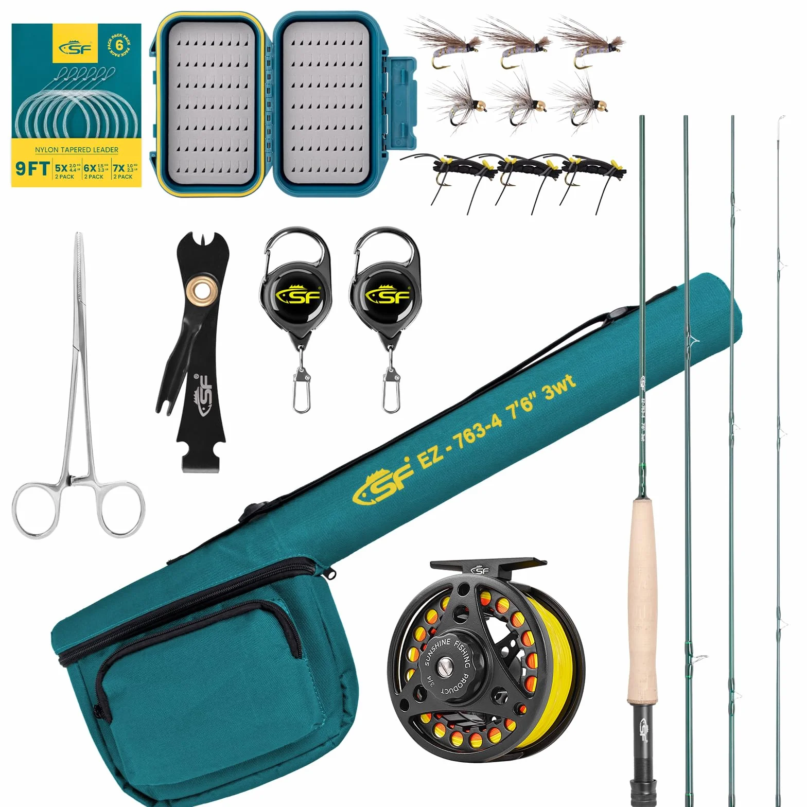 SF Lot de 4 cannes à pêche à la mouche en fibre de carbone 24T 3 WT 2,3 m, 4 WT 2,4 m, 5/6/7/8 WT 2,7 m Vert émeraude 24T Canne en fibre de carbone avec étui, moulinet pré-bobiné, boîte à mouches avec