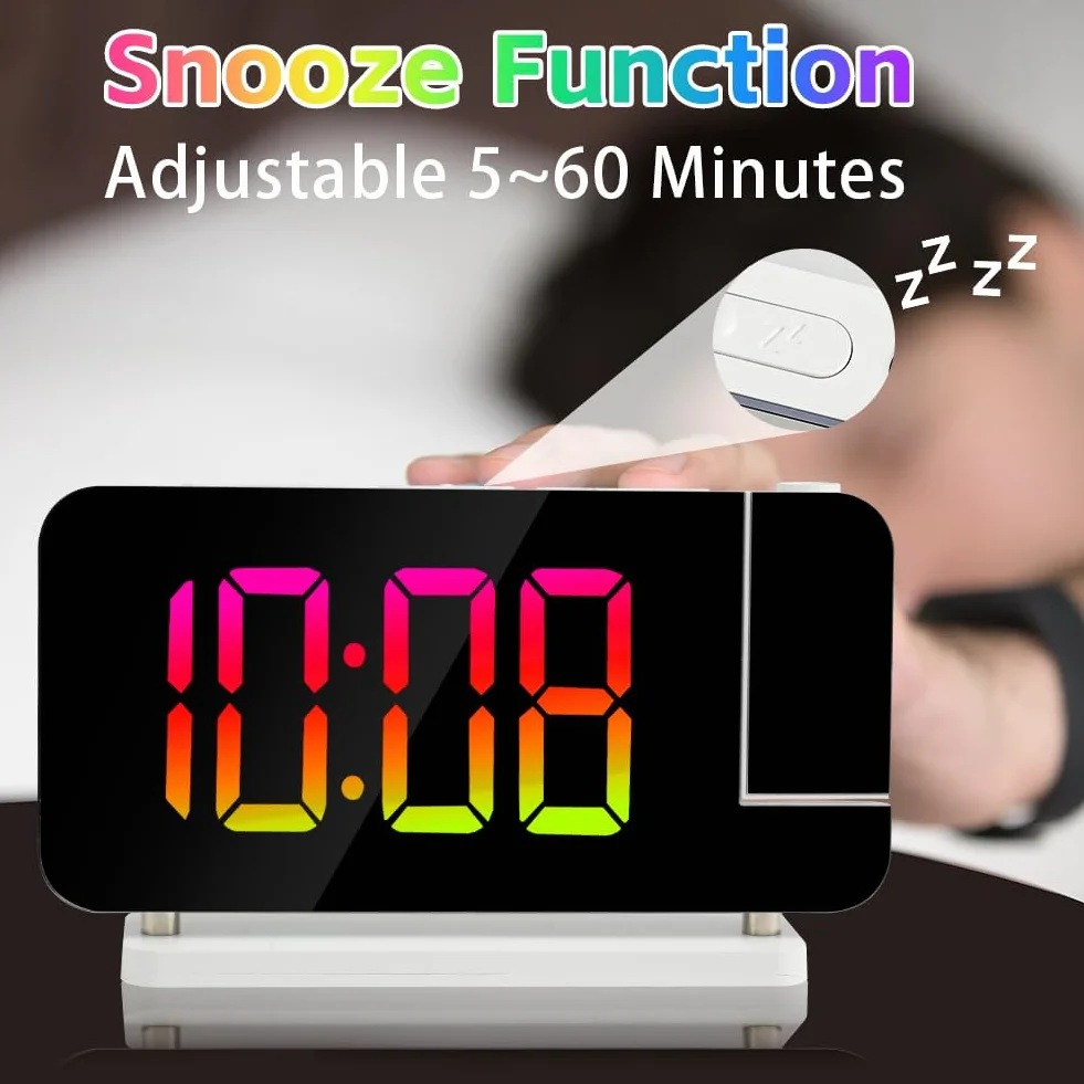 Réveil à Projection LED avec Charge USB, Rotation 180°, 11 Couleurs RVB & 10 Couleurs Veilleuse pour Chambre, Bureau (Blanc)