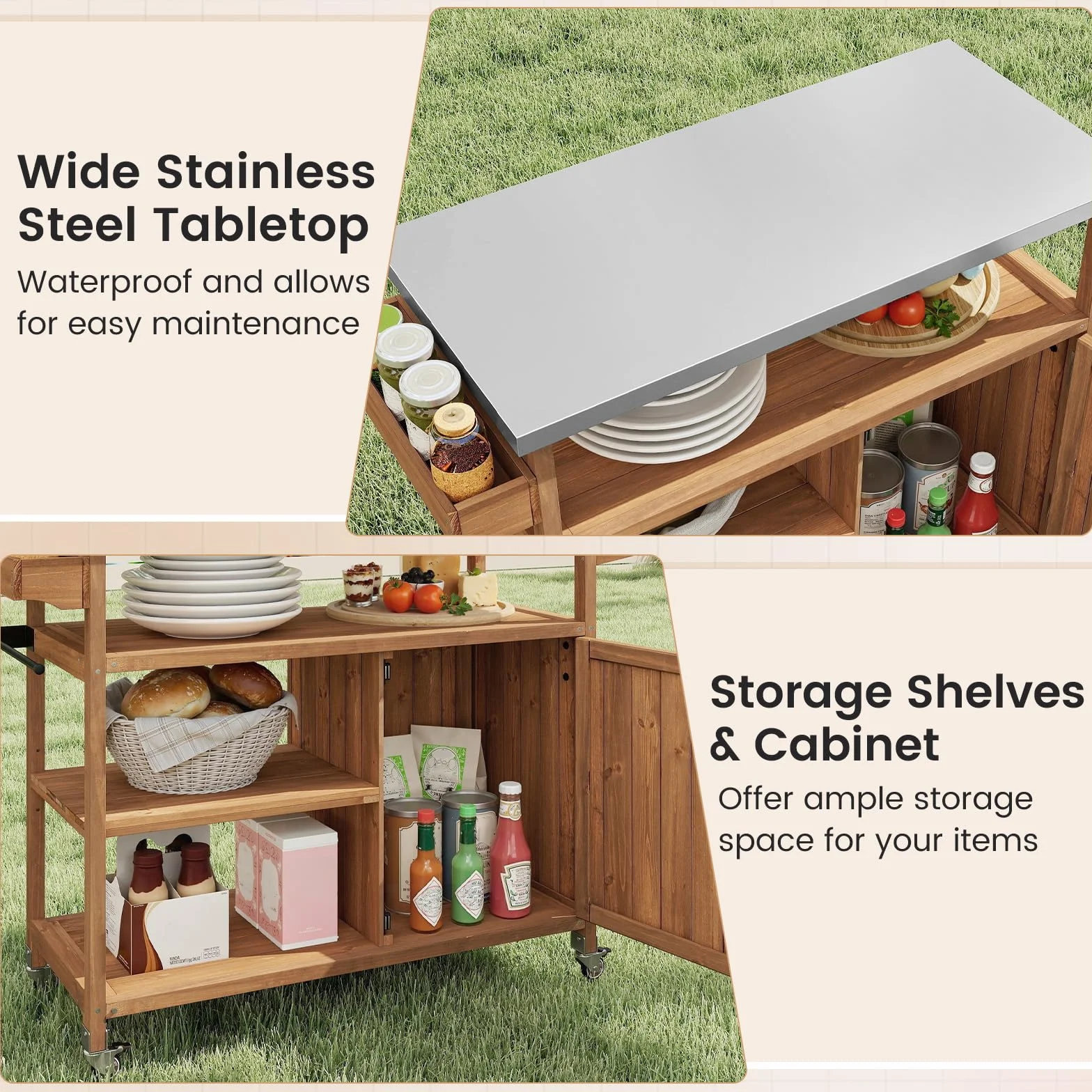 GIANTEX Desserte Plancha Exterieur en Bois de Spain, Plan de Travail Acier Inoxydable, 3 Étagères, 118 x 47 x 92 cm, Charge 50kg