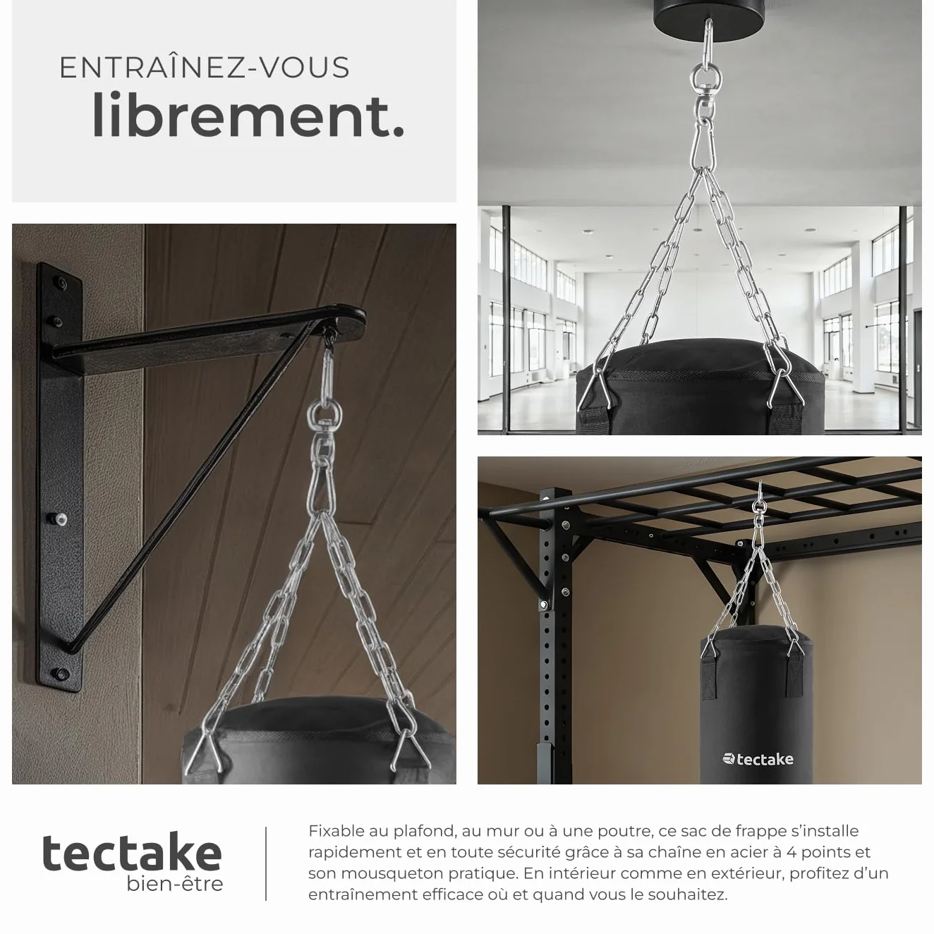 tectake® Sac de Frappe 25 Kg, Sac de Boxe avec chaîne de Suspension, 28 x 105 cm, Sac de Frappe Adulte, Punching Ball, Boxing, MMA, Muay Thai, Taekwondo, Kick Boxing, Sports de Combat, Home Gym, Noir