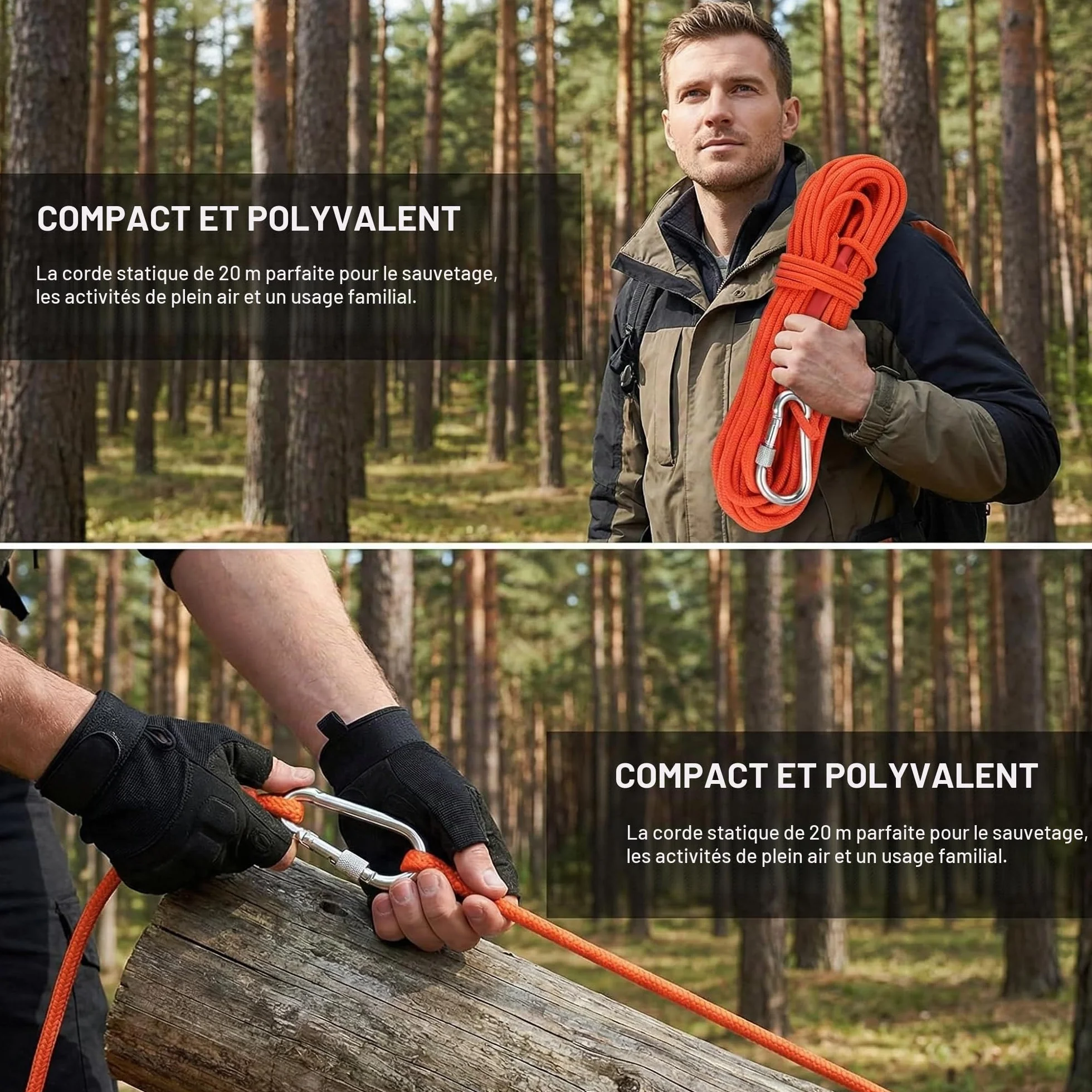 Corde Tressée Polypropylène avec Mousqueton Anti-Corrosion pour Escalade Pêche Alpinisme