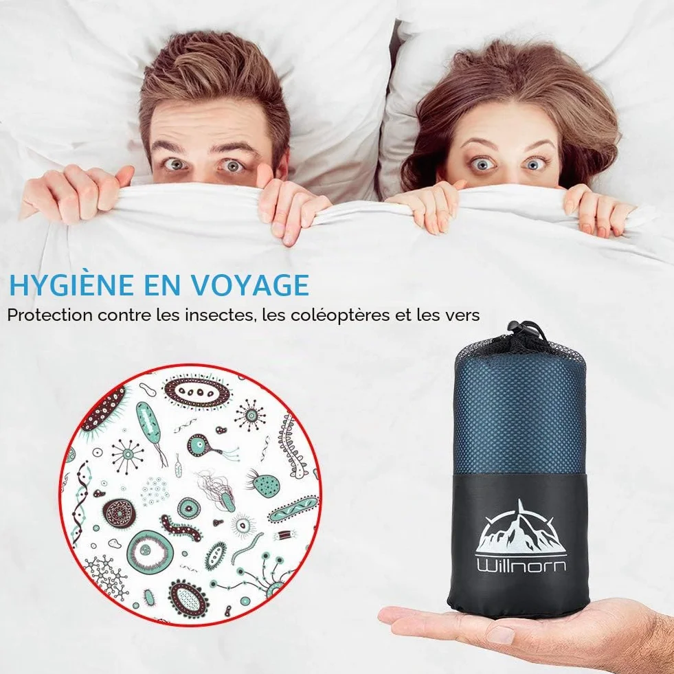 Drap de Sac de Couchage de Voyage 2 en 1 en Microfibre - XL 220x95cm, Sac à Viande de Couchage Idéal pour Randonnée, Camping et Séjours en Auberge,Auberge, Sac à Dos