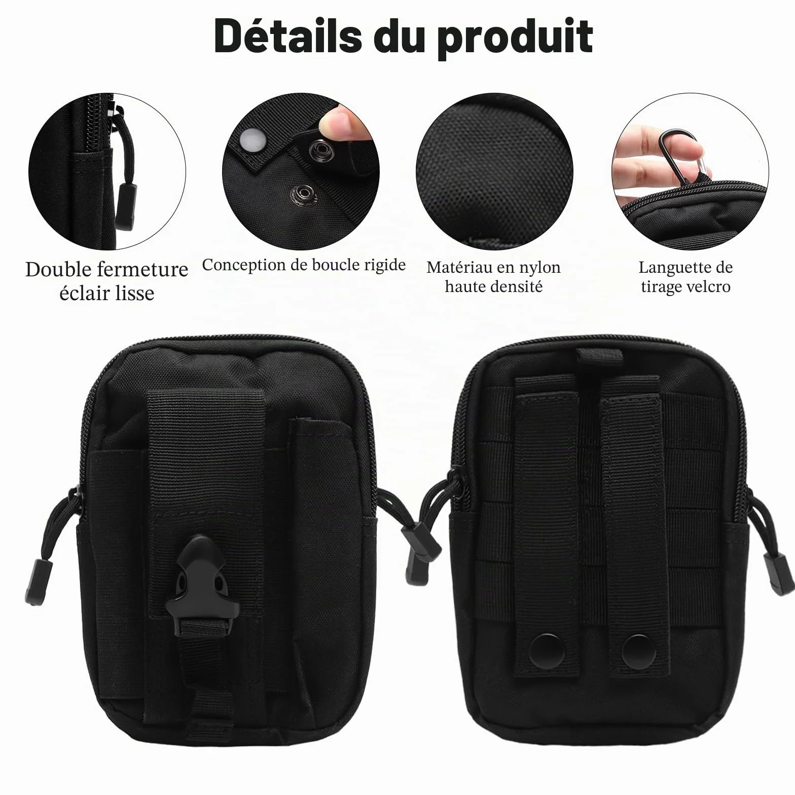 Sacoche Ceinture Tactique Homme avec 1 Mousqueton, Sacoche Ceinture Militaire Noire en Nylon Imperméable, Pochette Ceintures Tactique Étanche pour Outdoor, Travail, Voyage, Randonnée, Vélo