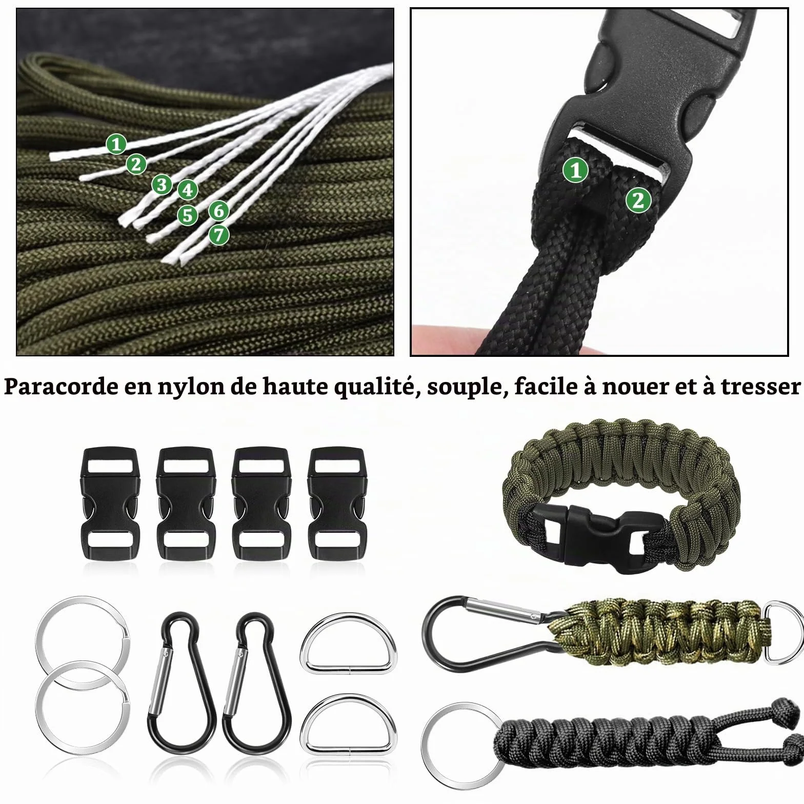 Kit Paracorde Bracelet 15 Pièces, Nylon 4mm x 10 m avec Boucles Mousquetons Porte-clés Anneaux en D pour DIY Plein Air