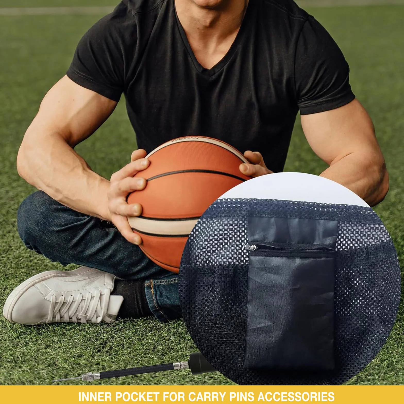 Sac de Basketball avec Filet à Ballon, Noir - Filet de Transport Portable pour Ballon de Foot et Pilates, Inclut Clip et Mousqueton