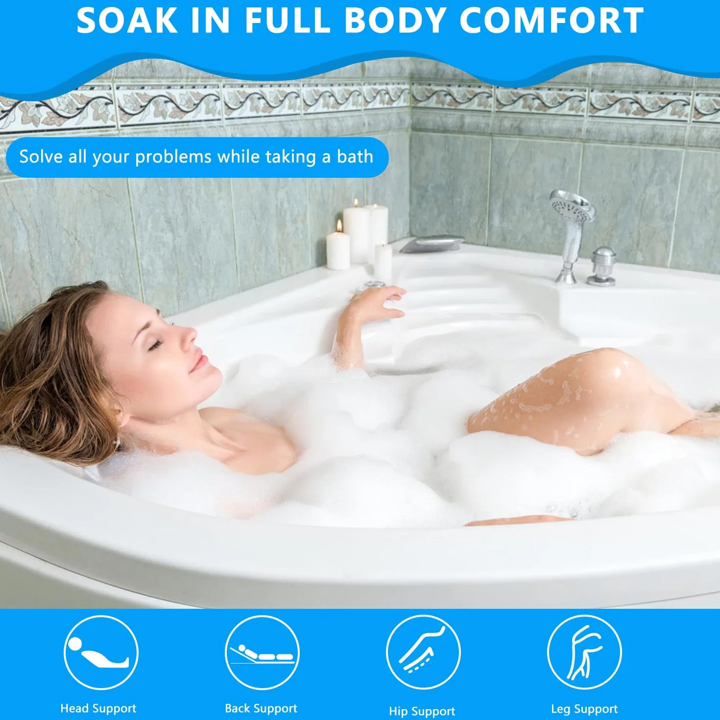 Coussin de bain complet pour baignoire épais avec appuie-tête ventouses crochets suspension Noir