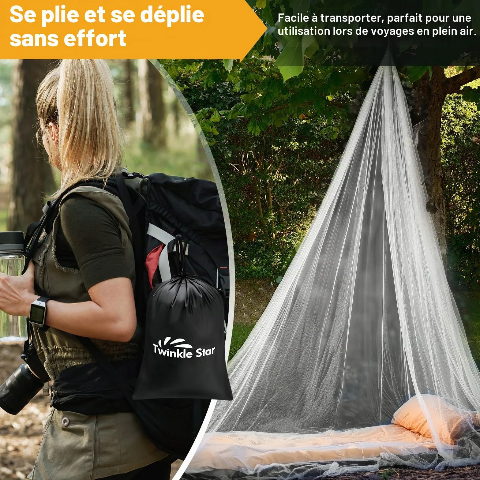Twinkle Star Moustiquaire de voyage avec sac de voyage, corde de suspension, design ouvert, 2,2 m de haut, 12 m de circonférence, double lit simple, extérieur