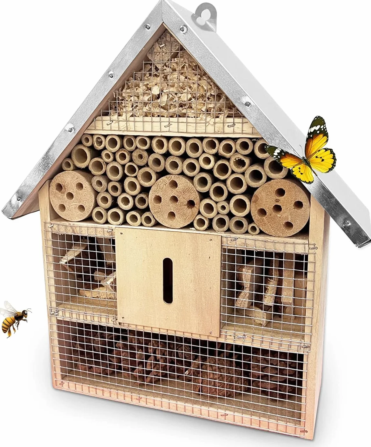 Hotel Insectes Exterieure à Suspendre en Bois avec Toit Imperméable Métal pour Abeille Papillon Coccinelle Jardin Balcon