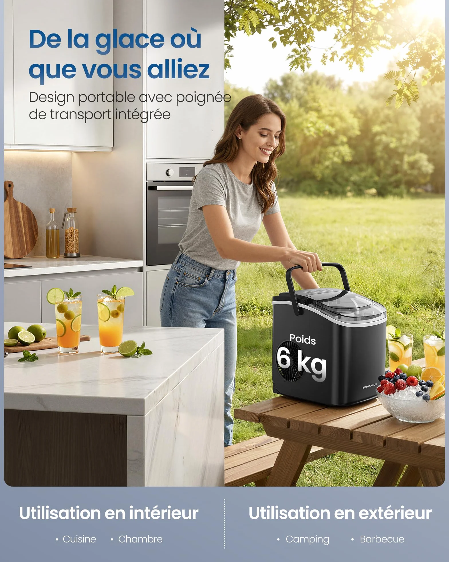 SONGMICS Machine à Glaçons de Comptoir, Auto-Nettoyage, 9 Glaçons en 6 Min, 2 Tailles, 12 kg/24h, Portable, Noir