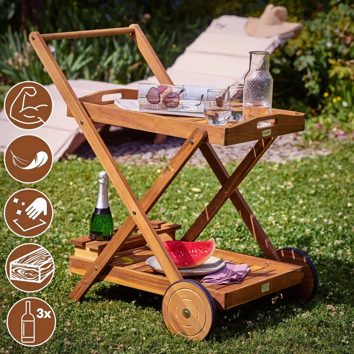 CASARIA Desserte à roulettes en Bois d'Acacia Chariot de Service 2 Niveaux 3 Porte Bouteilles