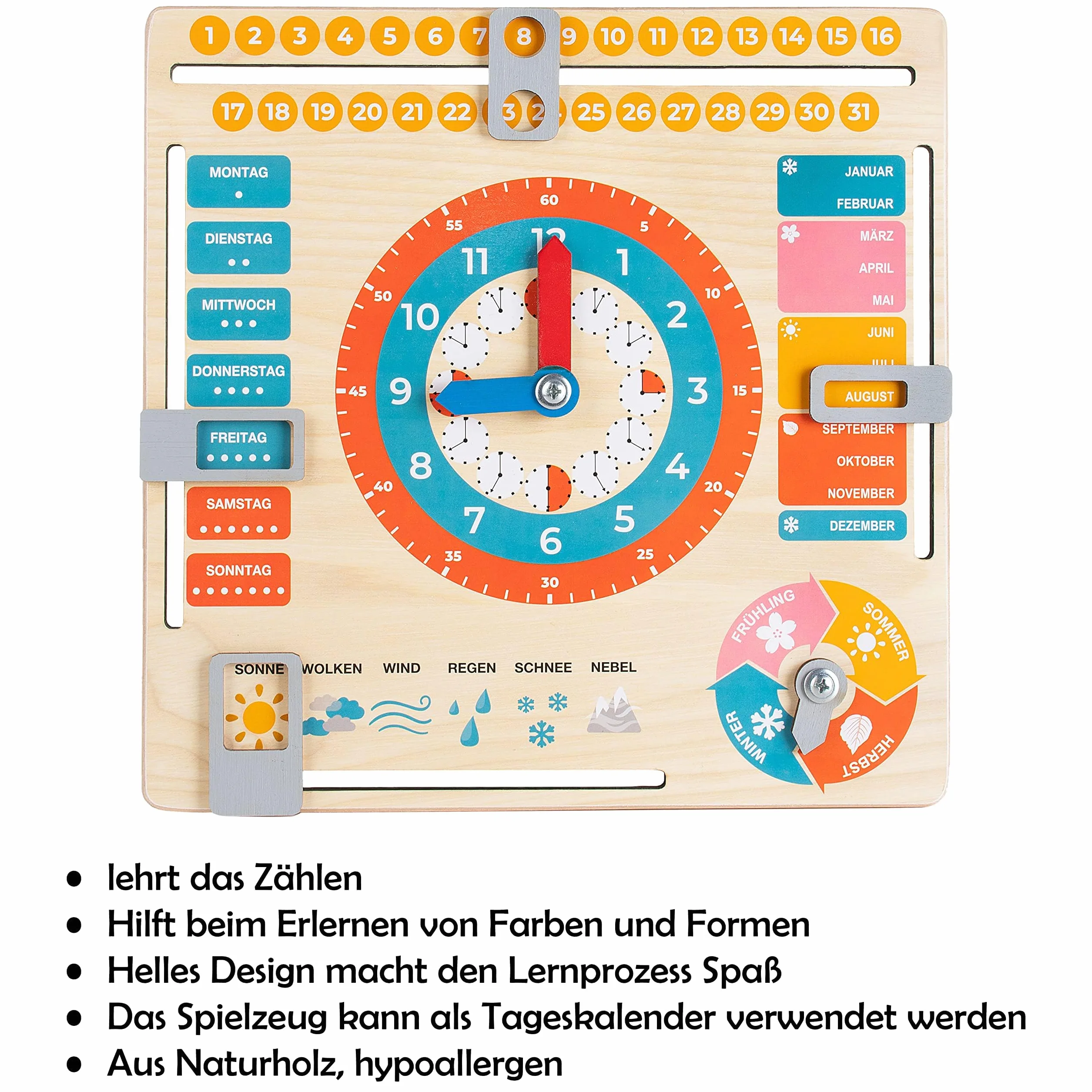 FANCY Jouet en bois Horloge éducative pour enfants Calendrier allemand apprentissage heure date jours semaines mois saisons météo
