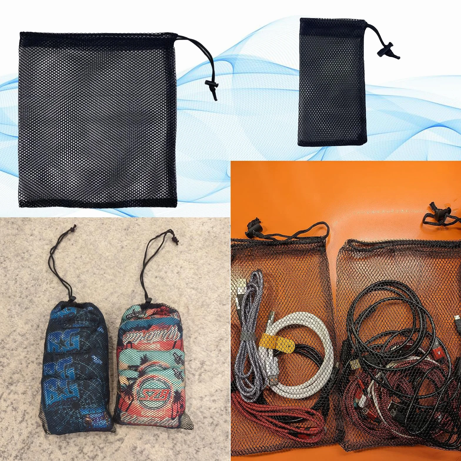 Lot de 6 sacs en maille filet noir pour voyage, cosmétiques, accessoires de sport, rangement des marchandises avec cordon de serrage
