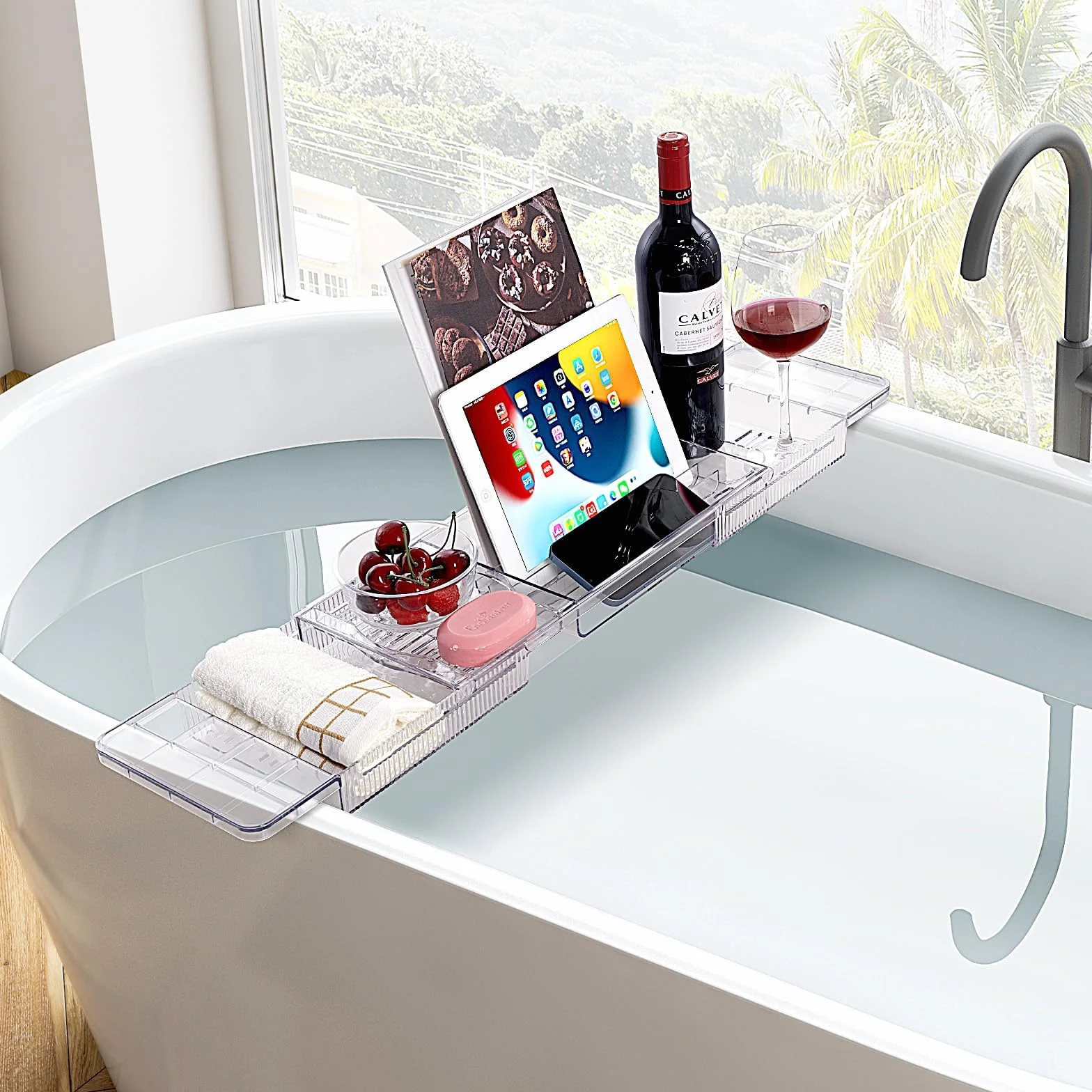 Plateau Baignoire Coulissant en Acrylique, Accessoire de Bain pour IPad Téléphone Verre Bougie