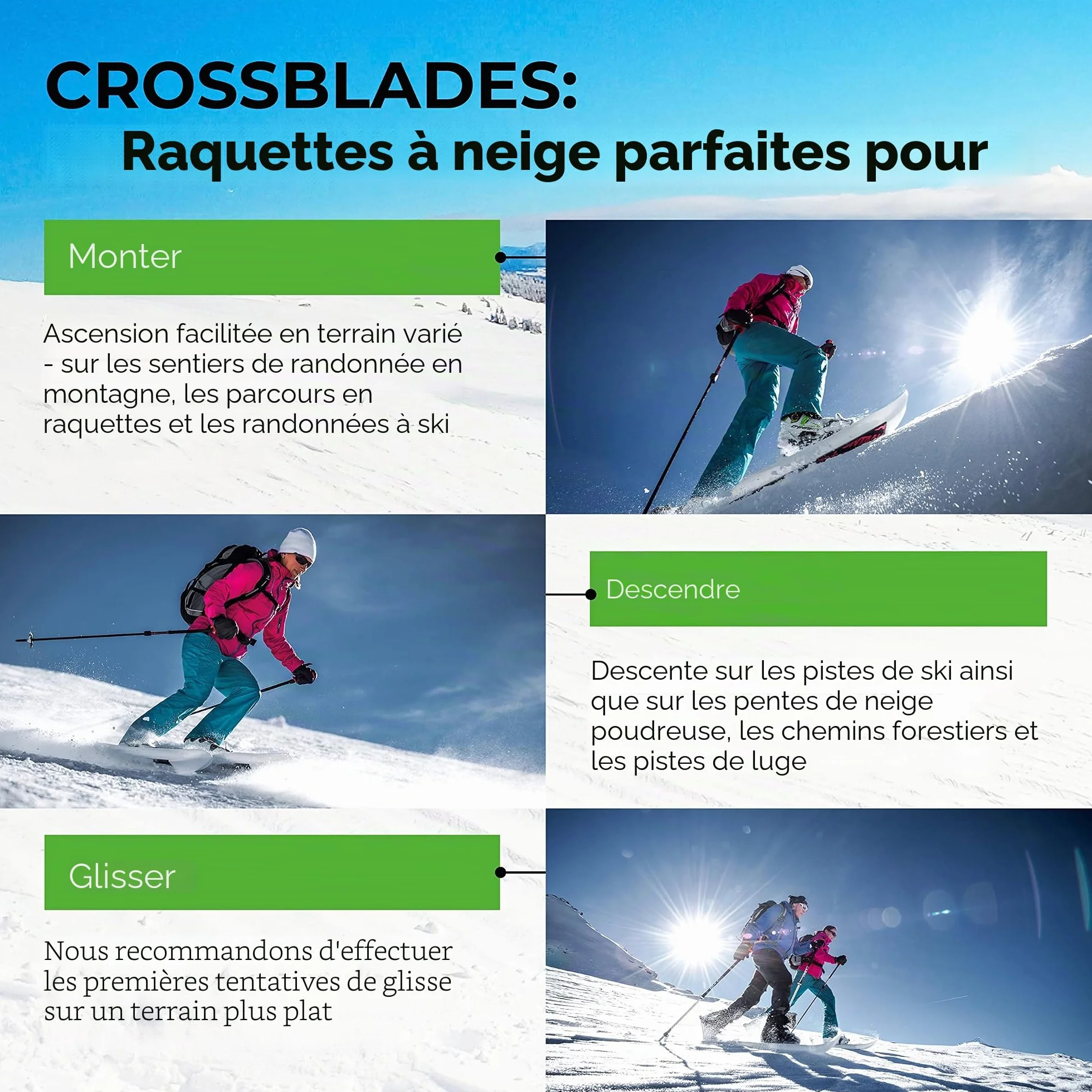 Softboot Raquettes à Neige Blanches 36-46 I 3 en 1 pour Monter, Conduire, Glisser I Raquettes à Neige pour Ski avec Chaussures de randonnée
