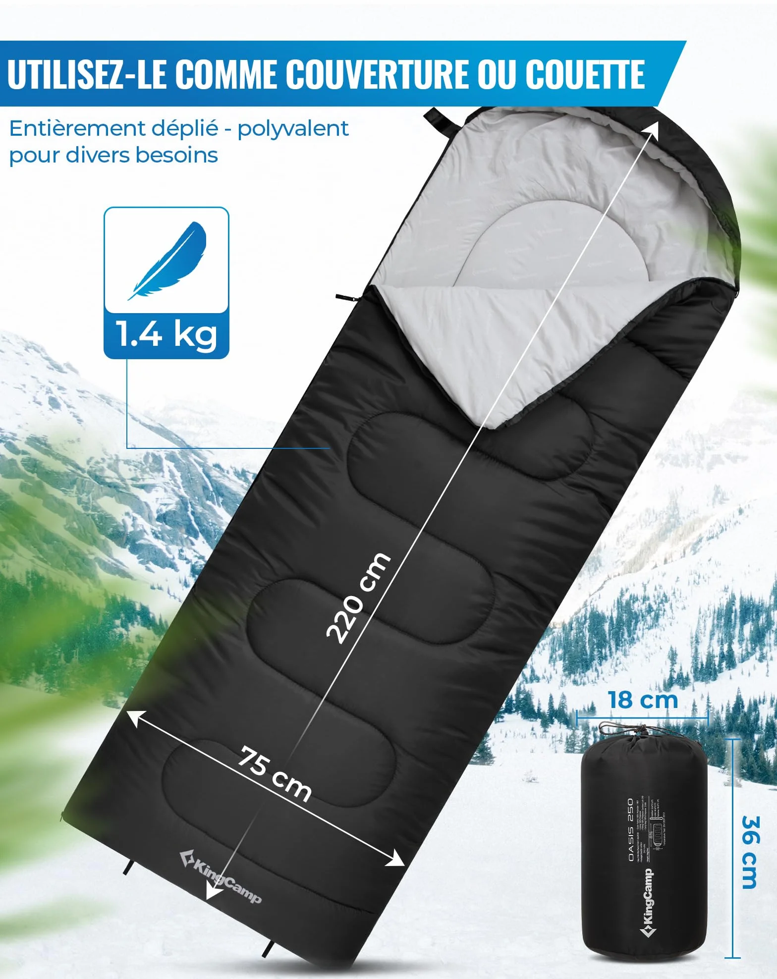 KingCamp Sac de Couchage Oasis 3-4 Saisons Imperméable et Léger pour Le Camping (Enfants et Adultes) - Reliable Gauche/Droite en Double Sac, Idéal pour Les Voyages et Activités Plein Air