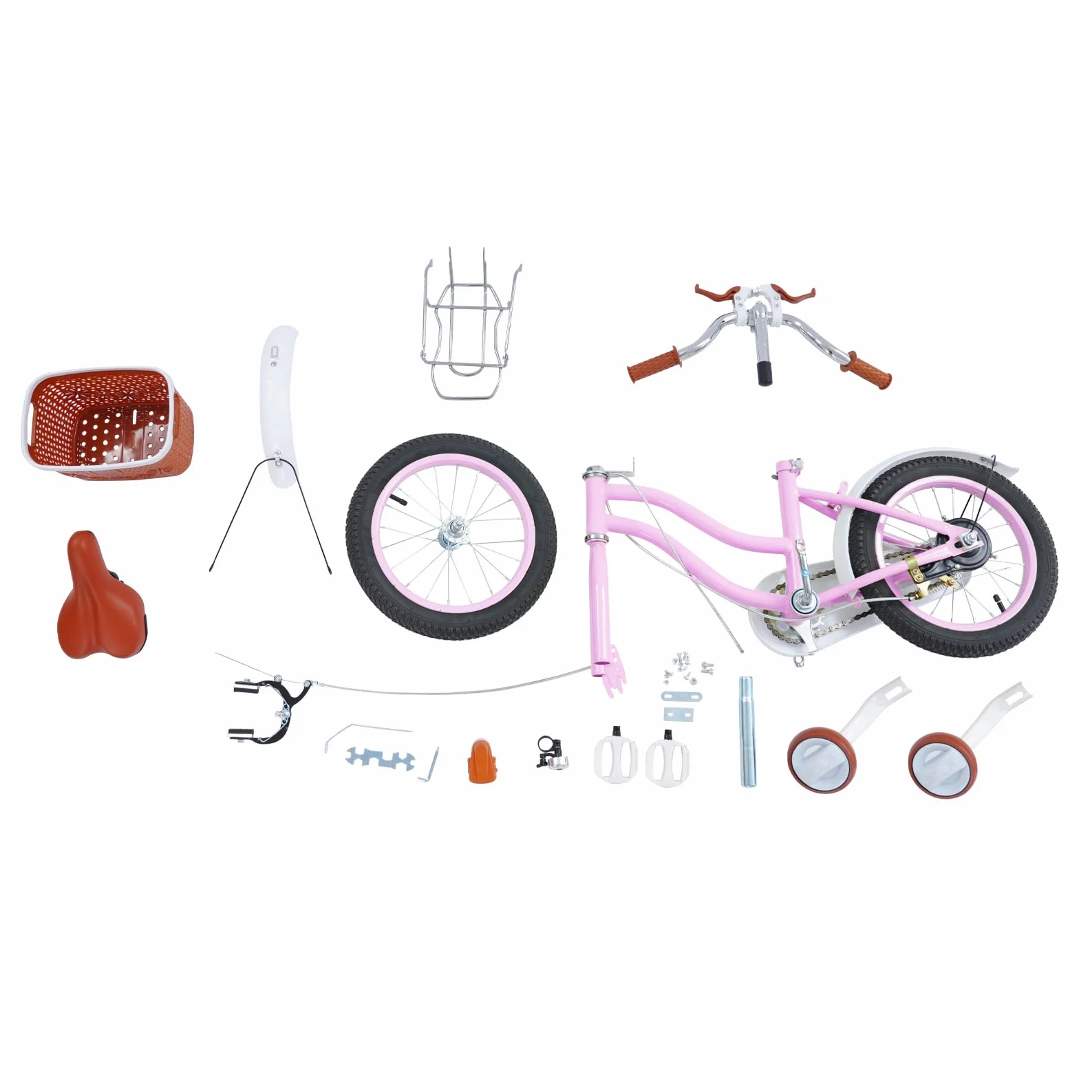 Vélo enfant de 14 pouces, avec roues stabilisatrices et panier en rose, pour garçons et filles de 3 à 7 ans, siège réglable en hauteur, système de freinage double, idéal pour l'entraînement au