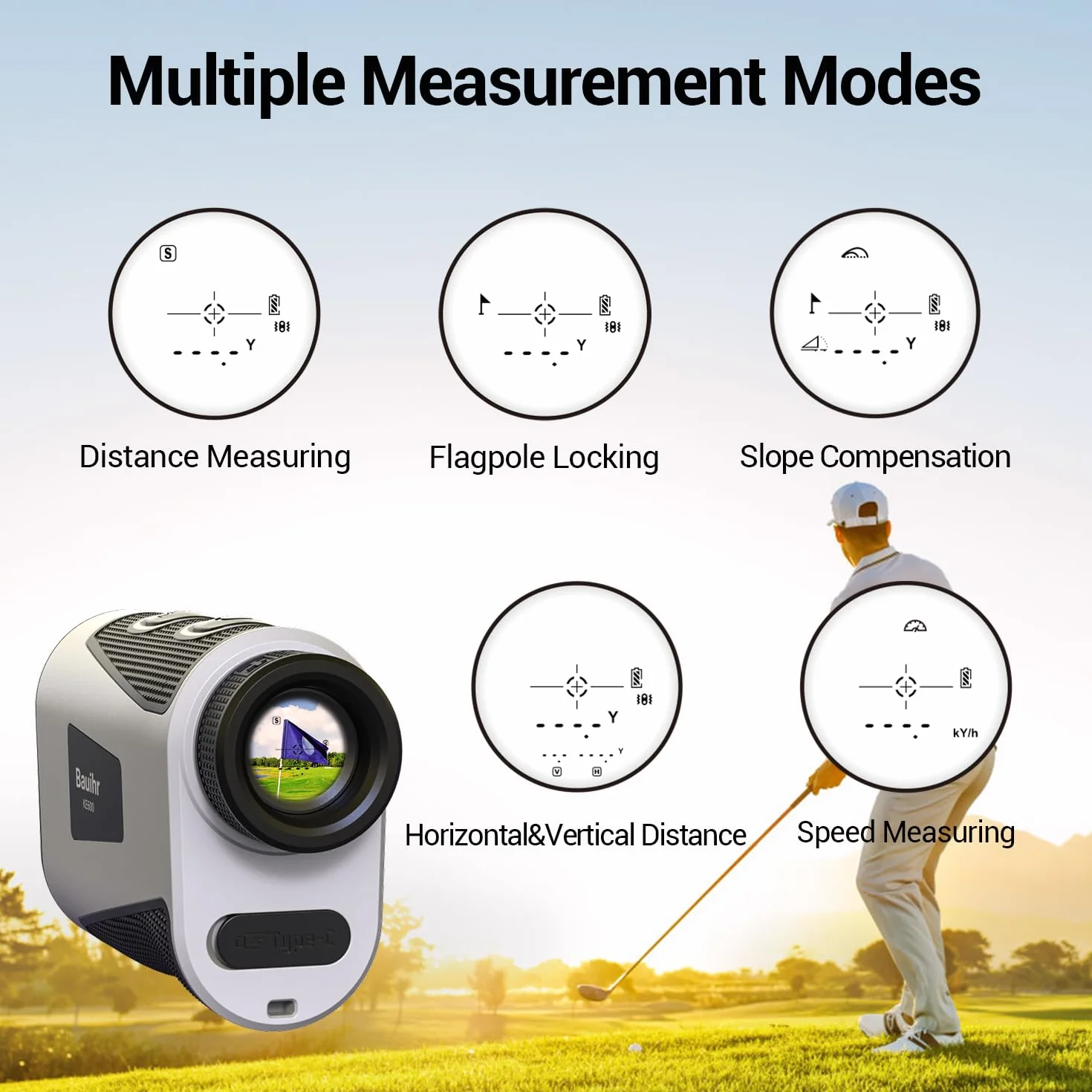 Bauihr Télémètre Golf 656Yards Laser avec Slope Compensation 6X Grossissement Vibration de Verrouillage Rechargeable USB