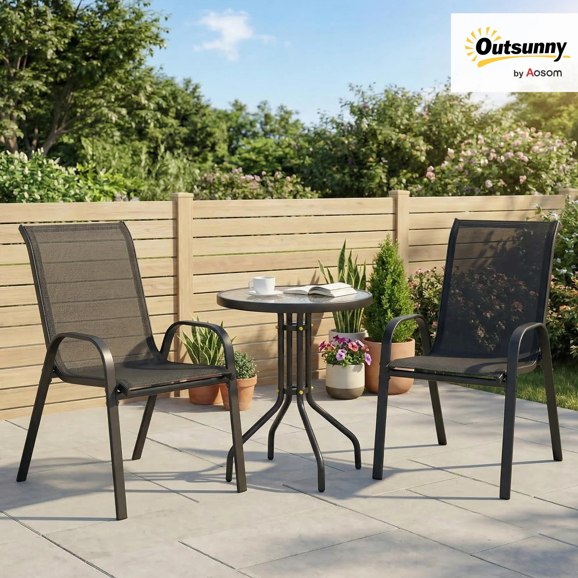 Outsunny 3 pièces Salon de Jardin extérieur Ensemble Meubles 2 fauteuils empilables Table Basse Verre trempé Tissu textilène Noir