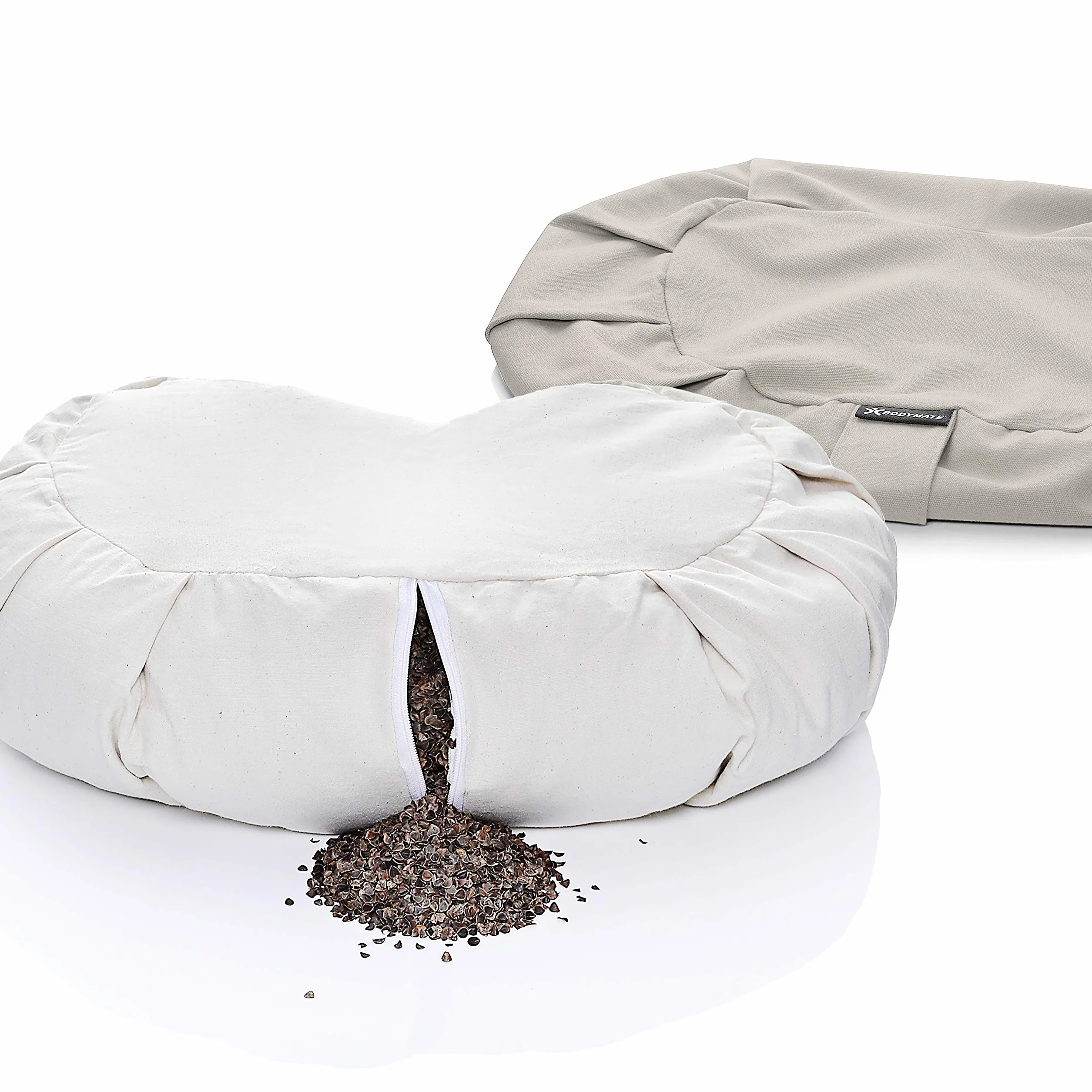 BODYMATE Coussin de yoga demi-lune 42 cm de long, 30 cm de large et 15 cm de haut avec rembourrage en fourrure de sarrasin – Housse lavable en machine en 100% coton extra épais – Coussin de