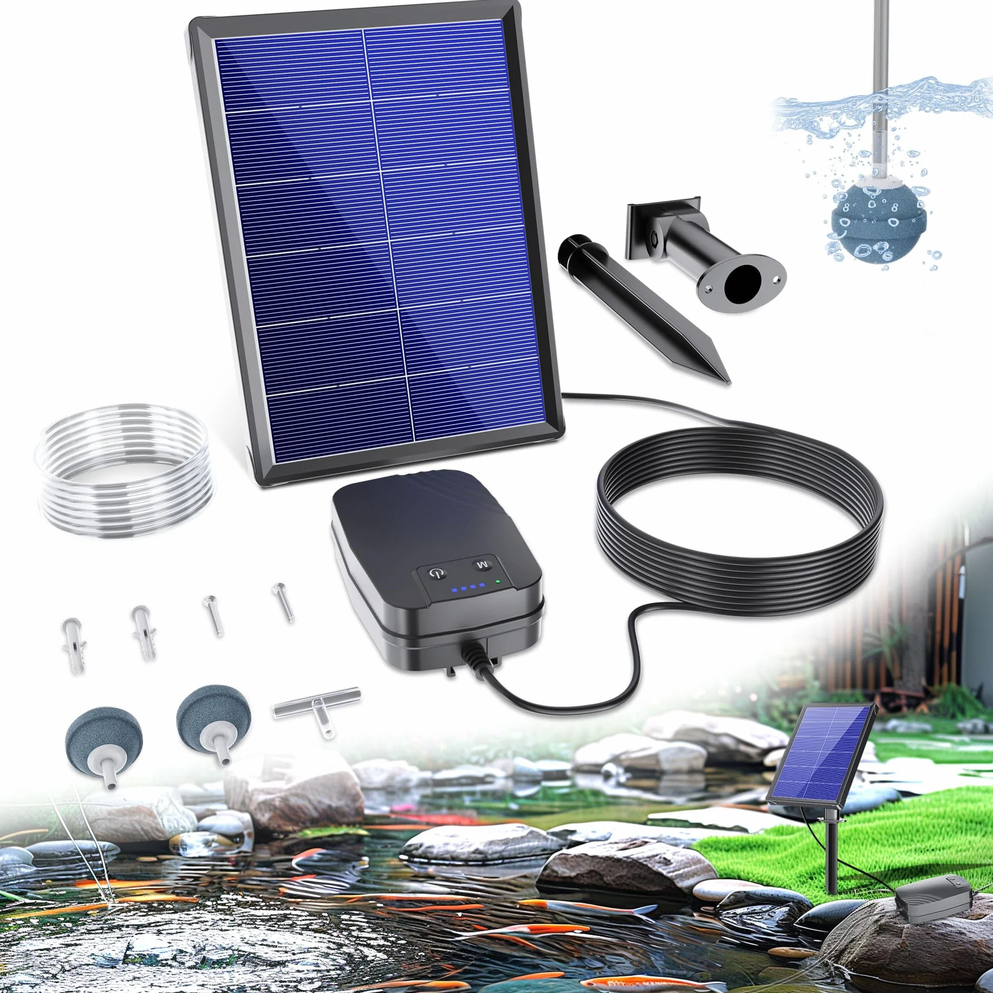 Biling Aérateur de bassin Pompe à oxygène solaire 4 W avec batterie 3 modes 2 pierres à air