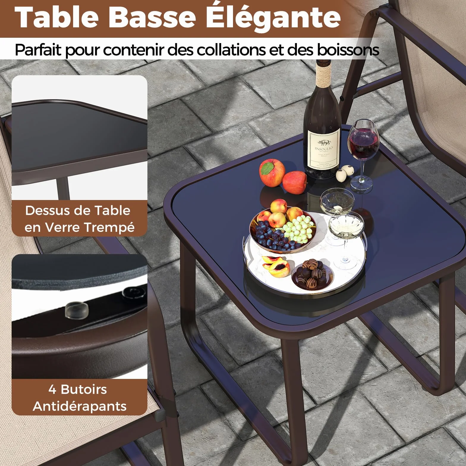 GOPLUS Salon de Jardin 2 Personnes, 3 Pièces Table Basse avec 2 Fauteuils, Cadre Métallique