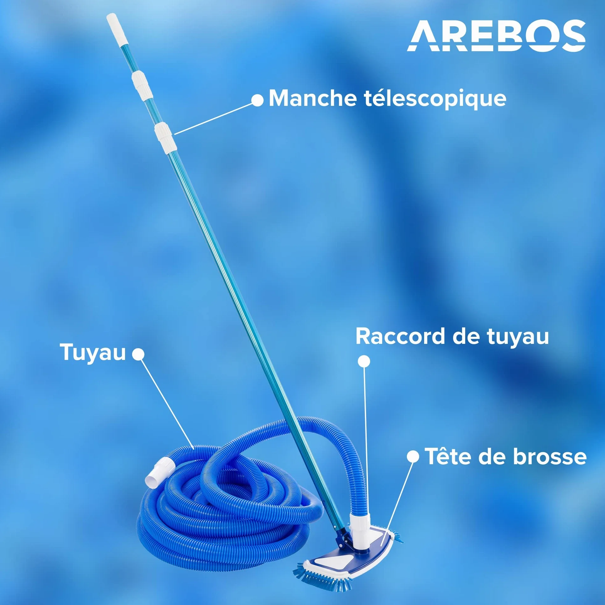 Arebos Brosse de Piscine avec Perche Télescopique et Tuyau Aspirateur