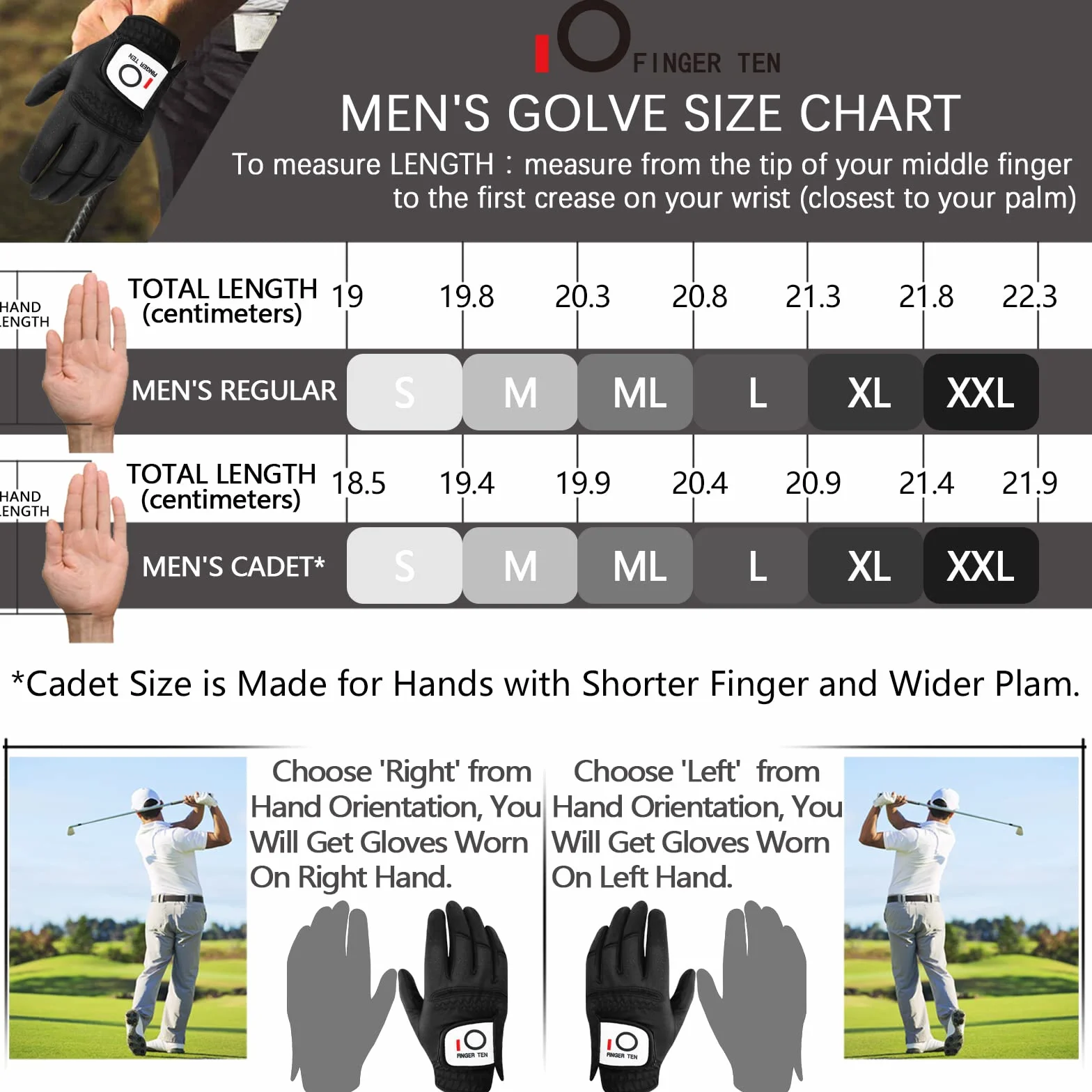 FINGER TEN Gant De Golf Hommes Main Gauche pour Golfeur droitier Pluie poignée Paquet De 3，Gant de Golf Confortable Doux synthétique Tous Les Temps Taille adaptée S M L XL ML Blanc Noir