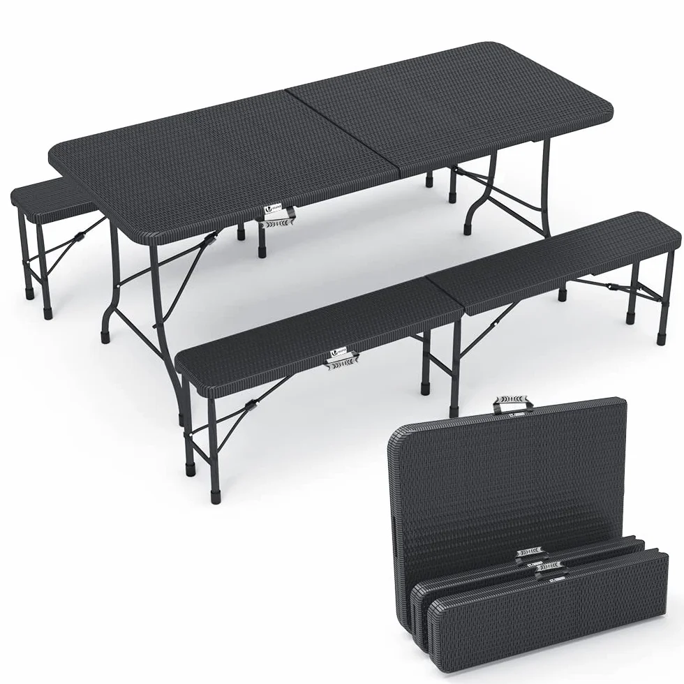 Ensemble Table Pliante et Bancs Pliables Camping 180cm HDPE Polyrotin 8 Places Noir